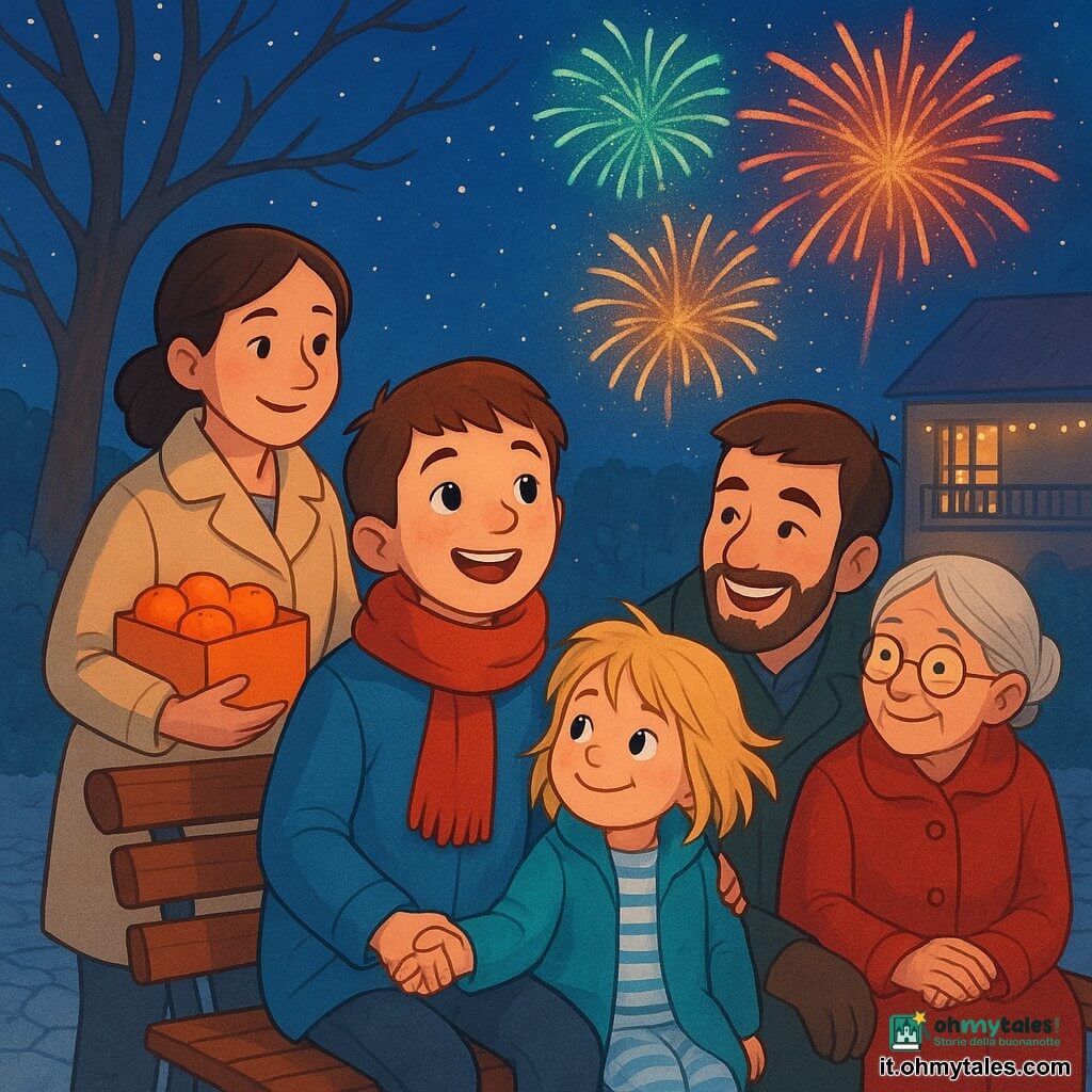 Ragazzo di 10 anni dal viso tondo e lentiggini, capelli castano corti, espressione felice, cappotto blu e sciarpa rossa che tiene la mano a un parente e guarda i fuochi d'artificio; la sorellina di circa 6 anni, capelli biondi arruffati, sorriso malizioso, accoccolata a destra; la madre di circa 35 anni, capelli castani raccolti, cappotto crema con una scatola di mandarini; il padre di circa 37 anni, barba leggera, cappotto verde scuro, accovacciato vicino ai bambini; la nonna di circa 70 anni, capelli grigi in chignon, cappotto rosso e occhiali, seduta sulla panchina; luogo: piccolo giardino invernale lastricato con panchina sotto un grande nocciolo spoglio e terreno brinato, casa accogliente sullo sfondo con luci e tavola di piatti caldi visibile; scena: notte stellata con fuochi d'artificio rossi, verdi e dorati, famiglia riunita sulla panchina, aria fredda, luci calde e vapore dalle bevande calde.