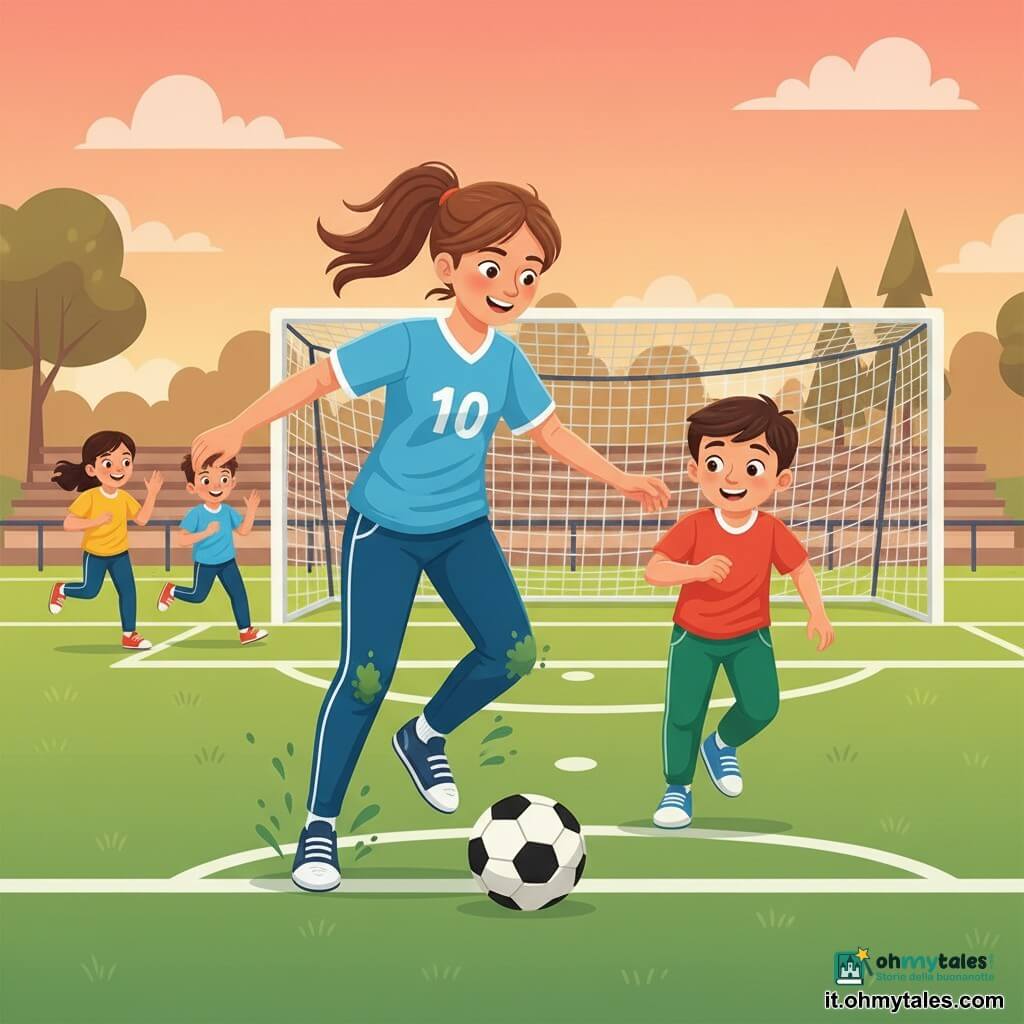 Ragazza protagonista: giovane calciatrice sorridente e determinata, capelli castani raccolti in coda, jeans sportivo e maglia celeste con numero bianco, dribbla con facilità un pallone bianco e nero, postura dinamica e spruzzi di erba sulle ginocchia; ragazzo secondario: circa 8 anni, capelli corti castani, pantalone tuta verde, sguardo ammirato, tenta un tiro a destra e leggermente davanti alla ragazza; altri bambini: una bambina ~9 anni e un ragazzo ~10 anni sullo sfondo che applaudono e corrono, abbigliamento colorato; luogo: ampio campo da calcio erboso con porta bianca e rete sottile, linee bianche nette, piccole tribune e alberi sullo sfondo, cielo pomeridiano aranciato-rosato; situazione: partita amichevole improvvisata, la giocatrice dribbla e si prepara al tiro in un'atmosfera conviviale ed energica, movimento marcato, colori vivaci e stile vettoriale semplice e leggibile per un libro per ragazzi.