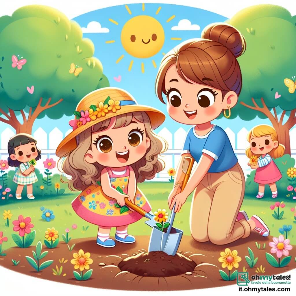 Una bambina di 4 anni, Mia, con grandi occhi scintillanti e capelli ricci, sta piantando un germoglio di fiore giallo nel giardino della scuola. Indossa un vestito colorato con motivi floreali e un cappello di paglia, mostrando un grande sorriso di gioia ed eccitazione. Accanto a lei, la sua insegnante, una donna sulla trentina con capelli castani raccolti in uno chignon, osserva con benevolenza. Indossa una maglietta blu e pantaloni beige, tiene una piccola pala e incoraggia i bambini a partecipare. Il giardino della scuola è pieno di fiori colorati, alberi verdi e farfalle che volano intorno. Il sole splende in un cielo blu chiaro, creando un'atmosfera gioiosa e primaverile. Mia sta scavando un piccolo buco nella terra con la sua pala, pronta a piantare il suo germoglio, mentre altri bambini intorno a lei annaffiano i fiori e si divertono a cantare canzoni sulla primavera.