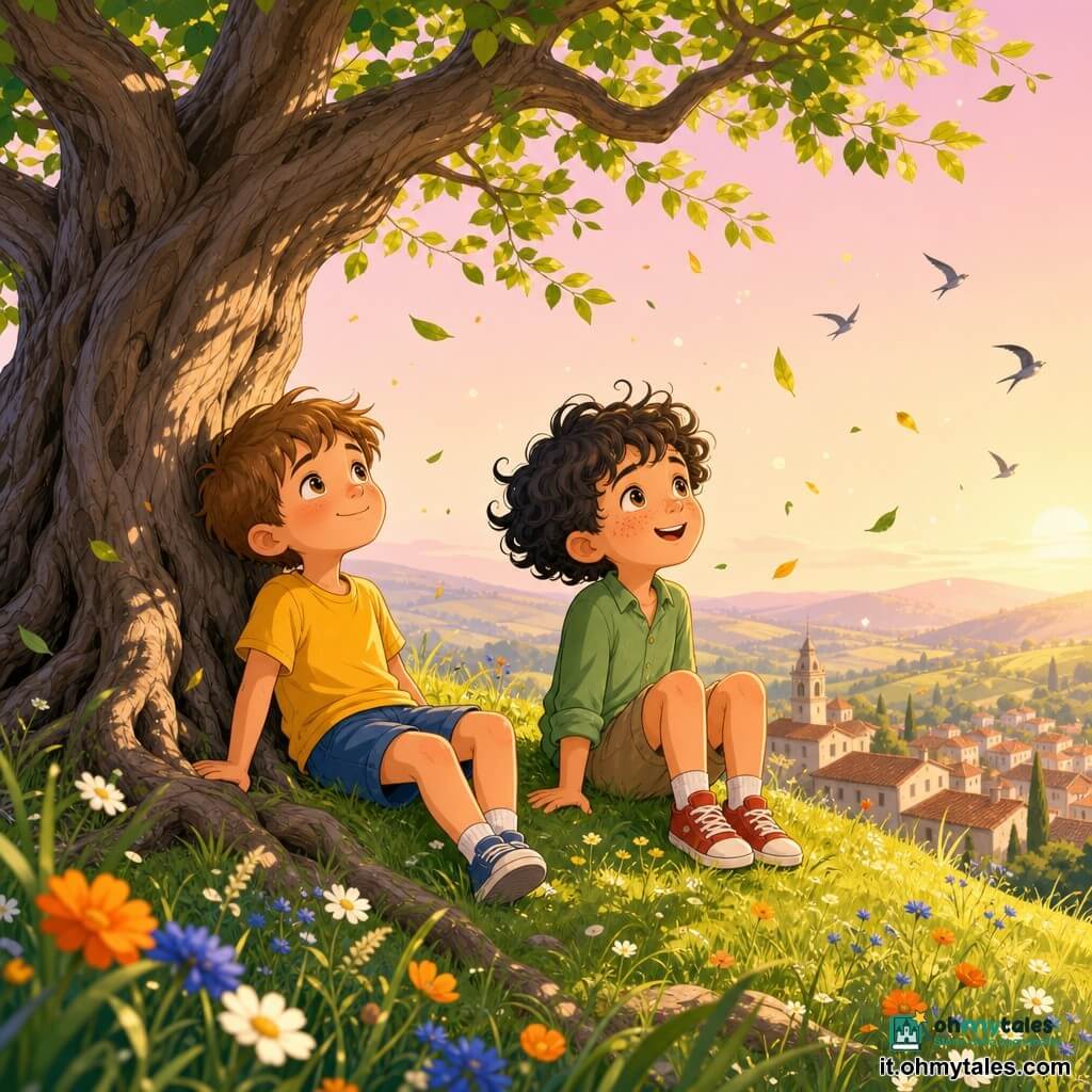 Ci sono due bambini di 5 anni: Luca, capelli castano chiaro corti, occhi marroni, maglietta gialla e pantaloncini blu, seduto a sinistra appoggiato al tronco con sguardo sogghignante verso il cielo; Marco, capelli neri ricci e lentiggini, camicia verde maniche rimboccate e scarpe da ginnastica rosse, seduto a destra con le ginocchia raccolte e le mani sull'erba, che ride leggermente osservando le foglie. Su una collina erbosa fiorita sopra un villaggio sorge un grande albero vecchio dal tronco nodoso e radici in vista, fogliame denso che fruscia; cielo mattutino rosa pallido con luce dorata che proietta ombre lunghe. I due ascoltano il vento; foglie in sottili onde, petali e pollini che fluttuano, atmosfera calma e curiosa, gesti teneri, capelli e vestiti mossi dal vento. Composizione centrata e chiara per libro per l'infanzia, colori vivaci, forme semplici e tratti morbidi per trasmettere calore e meraviglia.