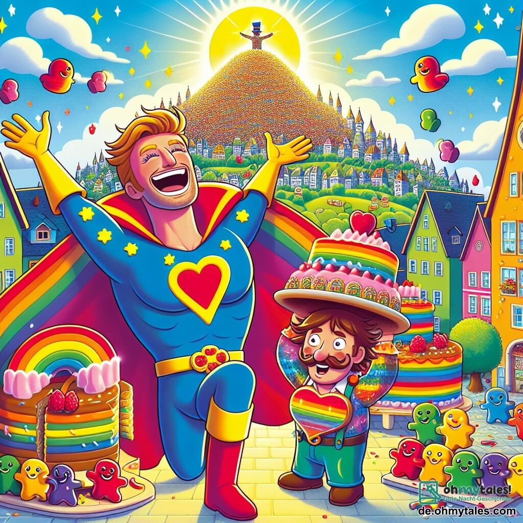 Ein Mann namens Max, ein Superheld mit strahlendem Lächeln, steht im Mittelpunkt des Bildes. Er trägt ein buntes Regenbogenkostüm mit einem großen, wehenden Umhang. Seine Augen funkeln vor Freude und er lacht herzlich, sein Lachen klingt wie eine fröhliche Melodie. Neben ihm jongliert sein Freund der Quatschmacher, ein Mann mit zerzausten Haaren und einem auffälligen Schnurrbart, mit Gummibärchenkuchen, sein Gesicht strahlt vor Aufregung. Die Szenerie spielt im Herzen von Quatschhausen, einer bunten Stadt mit lebhaften Häuserfassaden, bunten Blättern an den Bäumen und einem strahlend blauen Himmel. In der Ferne sieht man einen riesigen Gummibärchenberg, der unter der Sonne glänzt und alle Blicke anzieht. Die Hauptsituation zeigt Max und den Quatschmacher, die ein großes Festmahl aus Gummibärchen vorbereiten, umgeben von Lachen und Freude, während sie versuchen, eine Armee von Gummibärchen davon zu überzeugen, ihre Freunde zu werden und die Straßen der Stadt nicht mehr zu blockieren.