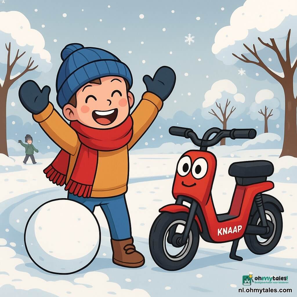 Een blije kleine jongen, Max, met roze wangen en een grote glimlach, draagt een dikke rode sjaal en een blauwe wollen muts. Hij is bezig een sneeuwpop te maken, terwijl hij enthousiast een grote sneeuwbal rolt met zijn armen omhoog. Naast hem staat zijn trouwe kleine rode step, Knaap, met glanzende ogen en een kleine glimlach, trots op zijn wielen, alsof hij klaar is om te helpen. De achtergrond is een winterpark, met bomen bedekt met glinsterende sneeuw, zacht vallende sneeuwvlokken uit de lichtgrijze lucht, en een gladde stoep waar andere kinderen in de verte spelen. De scène straalt een blije en warme sfeer uit, vol avontuur en vriendschap, terwijl Max en Knaap zich voorbereiden om hun sneeuwpop te maken.