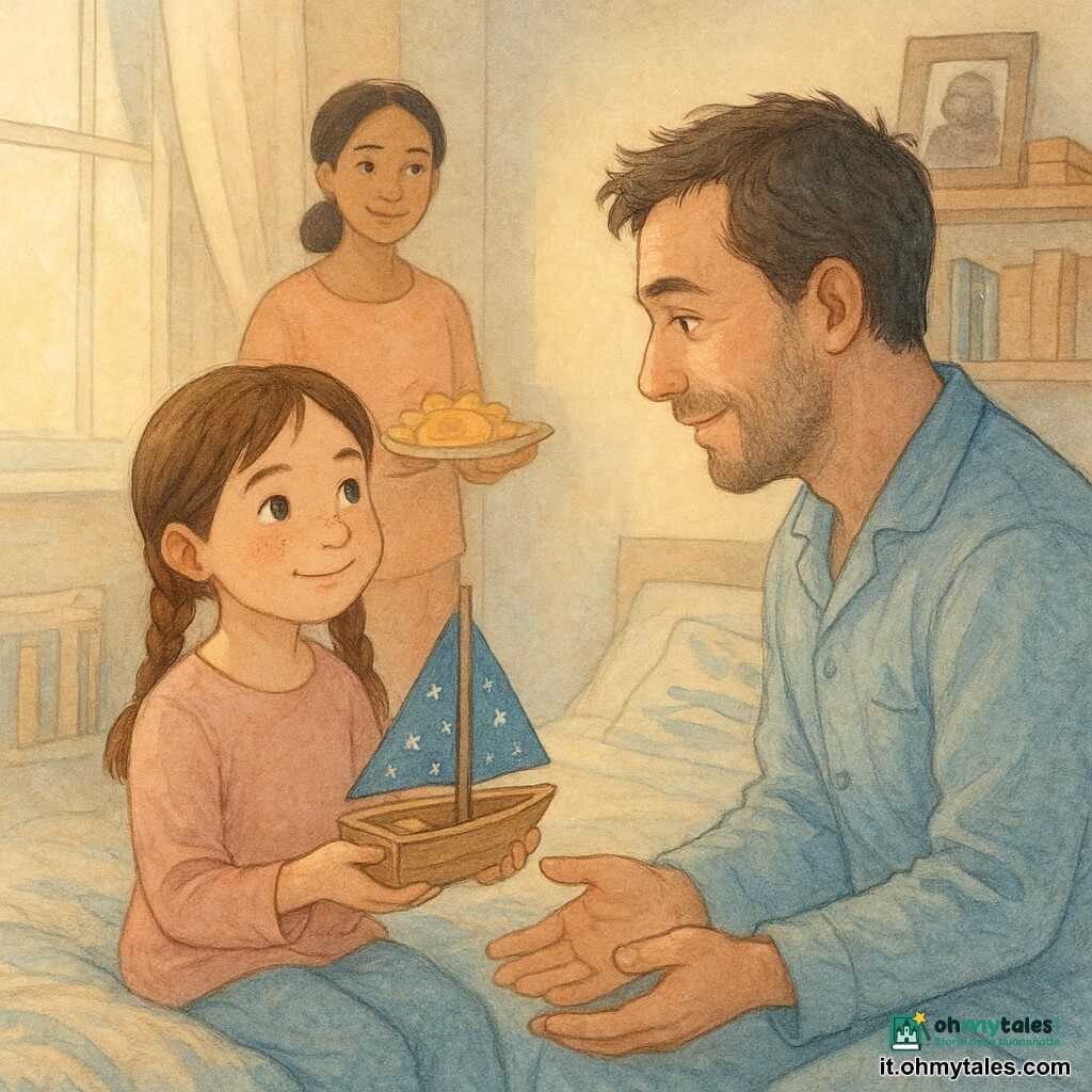 Una bambina di 8 anni, capelli castani in due trecce, viso rotondo e lentiggini, sorriso timido e occhi brillanti, tiene delicatamente una piccola barca di legno con vela blu a stelline; un uomo di circa 38 anni (padre) con capelli castano leggermente sale e pepe e barba nascente, espressione commossa e dolce, è seduto sul letto in pigiama e tende le mani verso la barca; una donna di circa 35 anni (madre) sullo sfondo vicino alla porta, capelli raccolti e sguardo fiero, regge un vassoio con pancake a forma di sole; la stanza è illuminata da luce dorata mattutina, coperta morbida a trama, cuscini a motivo marino, finestra aperta con tende leggere che svolazzano, piccolo angolo libreria con libri e una mensola con una foto in bianco e nero e scatole di cartone; la barca è piccola, verniciata usata, vela di stoffa blu con piccole stelle bianche, etichetta manoscritta visibile e un minuscolo scomparto aperto con un rotolino di carta dentro; atmosfera tenera, calma e intima; colori pastello dominanti (azzurro cielo, sabbia, pesca), texture granulose ad acquerello, riflessi bianchi sul legno e sugli occhi e sottili tratti a inchiostro nero; composizione centrata sulla bambina e la barca, il padre leggermente in disparte e la madre sfocata sullo sfondo, prospettiva ravvicinata con piani stretti su mani e sorriso.