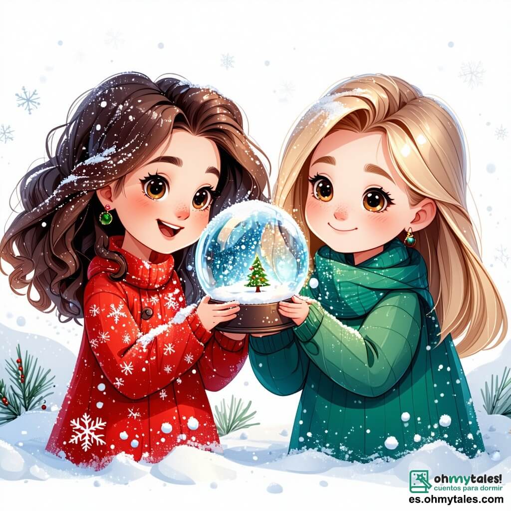 Una niña de 2 años, con grandes ojos brillantes y cabello rizado castaño, está en el centro de la imagen. Lleva un vestido rojo con motivos de copos de nieve y muestra una gran sonrisa maravillada mientras agita una bola de nieve mágica que brilla intensamente. A su lado, su mejor amiga Ana, también de 2 años y con cabello liso y rubio, lleva un suéter verde con renos. Mira la bola con ojos desorbitados, las manos en las mejillas, llena de asombro. Al fondo, la clase está decorada con guirnaldas luminosas, dibujos navideños en las paredes y un gran árbol de Navidad adornado con bolas de colores y estrellas doradas. La escena muestra a las dos niñas, rodeadas de sus compañeros de clase, cantando villancicos alegres mientras decoran la sala, creando una atmósfera festiva y mágica.