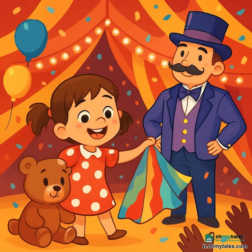 Una bambina di 6 anni, di nome Lalla, con capelli castani raccolti in due codini, sorride gioiosamente con gli occhi brillanti di eccitazione. Indossa un vestito a pois rossi e bianchi e tiene un siparietto di stoffa colorata. Accanto a lei c'è un piccolo orsetto di peluche di nome Piuma. Sullo sfondo, il direttore del circo, un uomo di circa 40 anni con una grande moustache e un costume viola scintillante, osserva la scena con un sorriso emozionato vicino a un grande tendone a strisce rosse e bianche, illuminato da luci scintillanti e palloncini colorati. La scena si svolge sotto il tendone del circo, dove colori vivaci illuminano lo spazio e il pubblico applaude meravigliato. Lalla, piena di gioia, si prepara a fare uno spettacolo a sorpresa, sollevando il suo siparietto per fare un inchino al pubblico, mentre coriandoli colorati cadono intorno a loro, creando un'atmosfera magica e festosa.