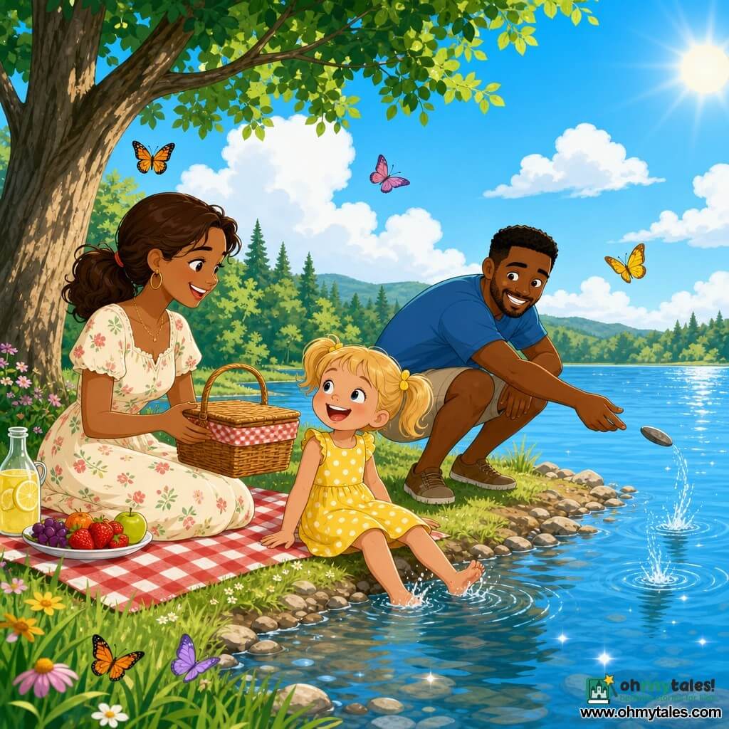 The main character is a happy, laughing 4-year-old girl with blonde pigtails in a yellow polka-dot dress dipping her toes in the lake; the mother, about 30, with tied chestnut hair and a light floral dress sits on a checked blanket offering a picnic basket; the father, about 32, with short hair and light beard in a blue t-shirt and khaki shorts crouches by the shore skipping a flat stone; the setting is a sparkling lake with green grass, a large shady tree, colorful butterflies and a blue sky with fluffy clouds; the scene shows a peaceful sunny summer family picnic with apples, sandwiches and the parents joyfully watching their daughter play.