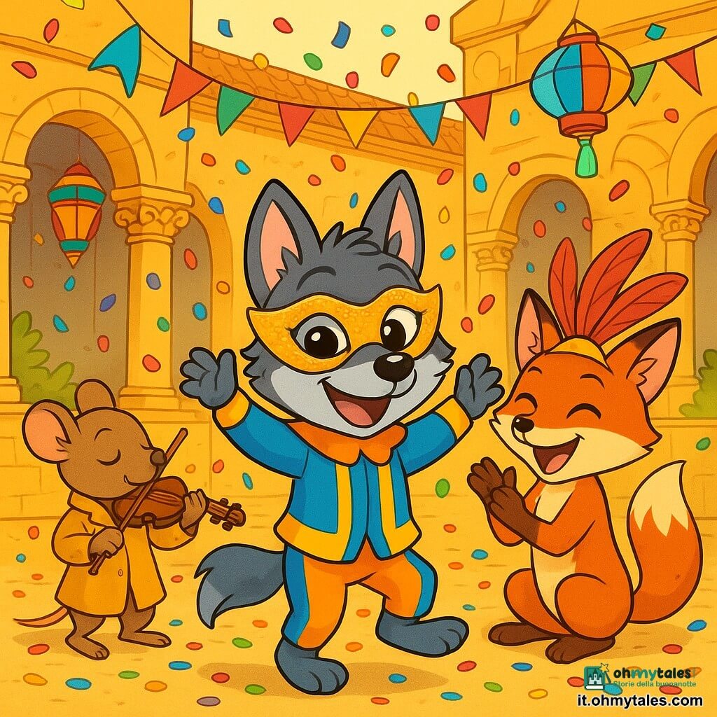 Al centro della scena, un piccolo lupo di nome Lupoletto, con un pelo grigio e occhi scintillanti di gioia, indossa un costume brillante blu, giallo e arancione, insieme a una maschera scintillante. Danza con entusiasmo, il sorriso ampio e le zampe sollevate, circondato da coriandoli colorati che cadono dal cielo. Alla sua destra, una volpe furba, con un pelo rosso vivo e un cappello di piume rosse, applaude con un grande sorriso, gli occhi brillanti di eccitazione. A sinistra, un piccolo topo con un mantello dorato suona il violino, concentrato e felice, le orecchie dritte al ritmo della musica. Il decor è un cortile di un antico palazzo, con muri in pietra dorata, colonne decorate con fiori e lanterne colorate che fluttuano nell'aria, creando un'atmosfera festosa e magica. La scena principale mostra Lupoletto e i suoi amici che celebrano il carnevale, danzando e ridendo insieme, pronti a gridare un grande "evviva" collettivo, circondati da colori vivaci e gioia contagiosa.