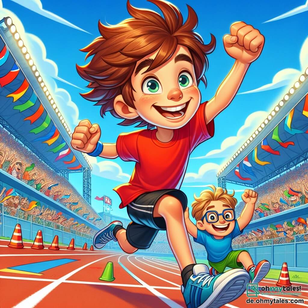 Ein 12-jähriger Junge, Max, mit zerzausten braunen Haaren und einem strahlenden Lächeln, läuft auf einer Leichtathletikbahn, seine Augen glänzen vor Aufregung und Entschlossenheit. Er trägt ein leuchtend rotes T-Shirt und schwarze Shorts, seine weißen Turnschuhe schlagen energisch auf den Boden. Neben ihm ermutigt sein bester Freund Tom, ebenfalls 12 Jahre alt, mit blonden Haaren und einer Brille, ihn mit erhobenen Armen und einem breiten Lächeln, während er ein blaues T-Shirt und grüne Shorts trägt. Der Ort ist ein lebendiges Freiluftstadion, umgeben von begeisterten Zuschauern auf den Tribünen, bunte Fahnen wehen im Wind und ein strahlend blauer Himmel ist darüber. Weiße Linien markieren die Bahn, und Verkehrshütchen sind am Rand aufgestellt, was der Szene Farbe verleiht. Die Hauptsituation zeigt Max, der mit aller Kraft läuft, bereit, die Ziellinie eines Rennens zu überqueren, während Tom ihn enthusiastisch anfeuert, was den Teamgeist und die Freundschaft verdeutlicht, die sie in diesem Wettkampf verbindet.