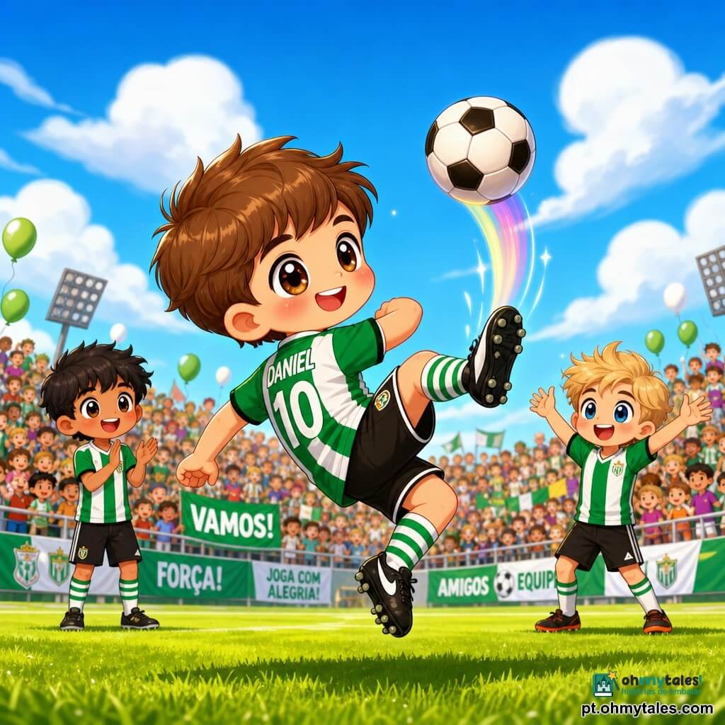 Um menino, Daniel, sorridente e concentrado, cabelo castanho curto, pele clara, olhos grandes e brilhantes, com camisola verde e branca, calções curtos, meias às riscas e chuteiras, a fazer um "arco-íris" com a bola no ar sobre a sua chuteira, postura leve, expressão alegre e orgulhosa; atrás, a ~2 m, Pedro (c.12 anos), cabelo preto desgrenhado, pele bronzeada, aplaudindo, rosto maravilhado; à direita, Tomás (c.13 anos), cabelo loiro, largo sorriso, pronto para receber o passe, braços erguidos; local: relvado de futebol com cores vivas, linhas brancas, pequenas bancadas com famílias e balões, céu azul com nuvens fofas; cena dinâmica e luminosa, bola a descrever um arco sobre um adversário invisível, ambiente festivo em estilo kawaii com cores saturadas, contrastes suaves e contornos arredondados.