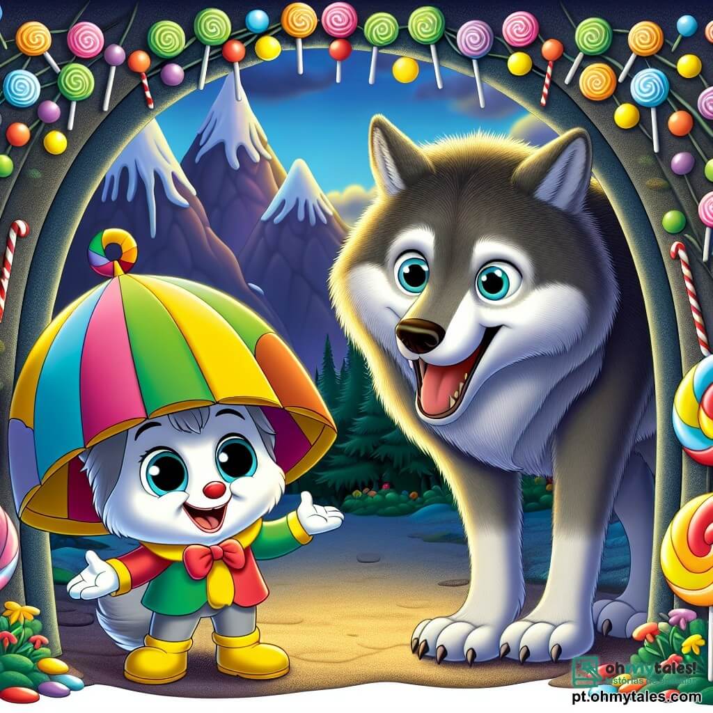 No centro da imagem, um pequeno guarda-chuva sorridente chamado Umbrella, com cores vibrantes e um rosto alegre, se posiciona corajosamente diante de uma caverna escura, com os braços abertos como se convidasse à amizade. Ao lado dele, o Grande Lobo Mau, um lobo de olhos brilhantes e pelagem cinza, usa um grande chapéu de festa colorido, exibindo uma expressão surpresa e divertida, enquanto segura um doce gigante na pata. A cena acontece na entrada da caverna do Lobo, cercada por montanhas de doces coloridos, com árvores de açúcar e flores de algodão-doce dançando ao vento. A entrada da caverna é decorada com guirlandas de doces, criando uma atmosfera festiva e alegre. A situação principal mostra Umbrella e o Grande Lobo Mau, unidos em uma dança alegre, celebrando sua nova amizade durante um festival de guloseimas, cercados de risadas e cores vibrantes, simbolizando a transformação do Lobo do medo à amizade.