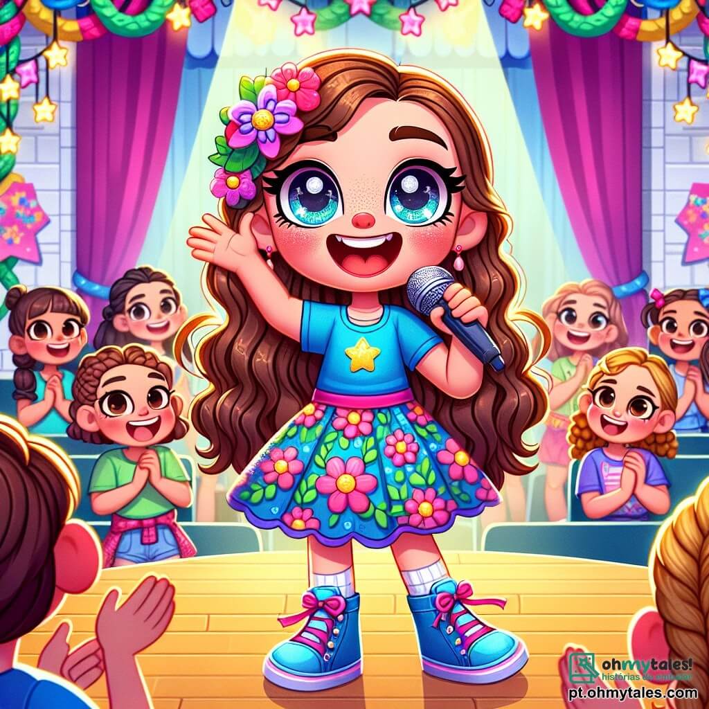 Uma menina de 8 anos, Lúcia, com longos cabelos castanhos e olhos brilhantes, está no centro da imagem. Ela usa um vestido colorido com flores e exibe um grande sorriso, cheia de alegria e confiança, enquanto canta em um palco. Ao lado dela, sua melhor amiga Clara, também de 8 anos, tem cabelos loiros trançados e usa uma camiseta azul com um short. Clara aplaude entusiasticamente, mostrando seu apoio a Lúcia. A cena acontece em um concurso de talentos na escola, decorada com guirlandas coloridas e balões. Ao fundo, crianças e adultos estão sentados em cadeiras, com rostos iluminados pela excitação, alguns segurando cartazes de apoio. A situação principal mostra Lúcia cantando com paixão, enquanto Clara a encoraja, criando uma atmosfera de camaradagem e felicidade, ilustrando o tema da amizade.