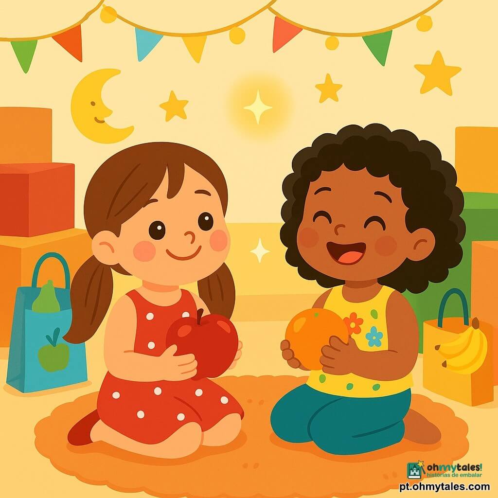 Há 2 personagens principais: Sofia, uma menina de 4 anos com longos cabelos castanhos presos em dois coques, vestindo uma blusa vermelha com bolinhas brancas, sentada em um tapete macio, sorrindo e segurando uma linda maçã vermelha; e Yasmin, uma menina de 4 anos com cabelos negros cacheados, usando uma blusa amarela com flores coloridas, sentada ao lado de Sofia, segurando uma laranja brilhante e rindo alegremente. O cenário é uma sala iluminada e acolhedora, cheia de grandes caixas de papelão coloridas, sacos de frutas e decorações festivas, com paredes adornadas com guirlandas cintilantes e desenhos de estrelas e luas, criando uma atmosfera calorosa e feliz. A cena principal mostra Sofia e Yasmin organizando frutas para ajudar os outros, com sorrisos radiantes e uma pequena luz dourada flutuando acima delas, adicionando um toque mágico, enquanto riem e trocam olhares cúmplices, compartilhando um segredo alegre.
