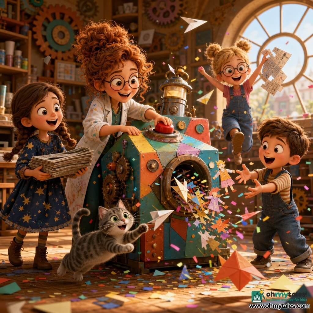 An enthusiastic, radiant female inventor with copper curly hair, a paint-stained smock and round glasses presses a big red button on the "Paper-to-Play Machine" grinning; Whiskers, a small grey tabby with bright green eyes, jumps playing with a paper airplane at her feet; an 8-year-old girl with braided hair and a star-patterned dress holds a stack of newspapers laughing at the left of the machine; a 7-year-old boy with short brown hair in overalls, mouth agape, reaches for a paper toy at the right; a 9-year-old girl with blonde hair in a bun and glasses holds a half-assembled paper puzzle behind them, bouncing with excitement; a bright cluttered workshop with walls of colorful gears, shelves of plans and paint jars, a wooden floor strewn with multicolored paper confetti and a large round window; the multicolored geometric machine spits paper planes, dolls and confetti in a joyful whirl while the inventor and children marvel, lively, playful and slightly chaotic.