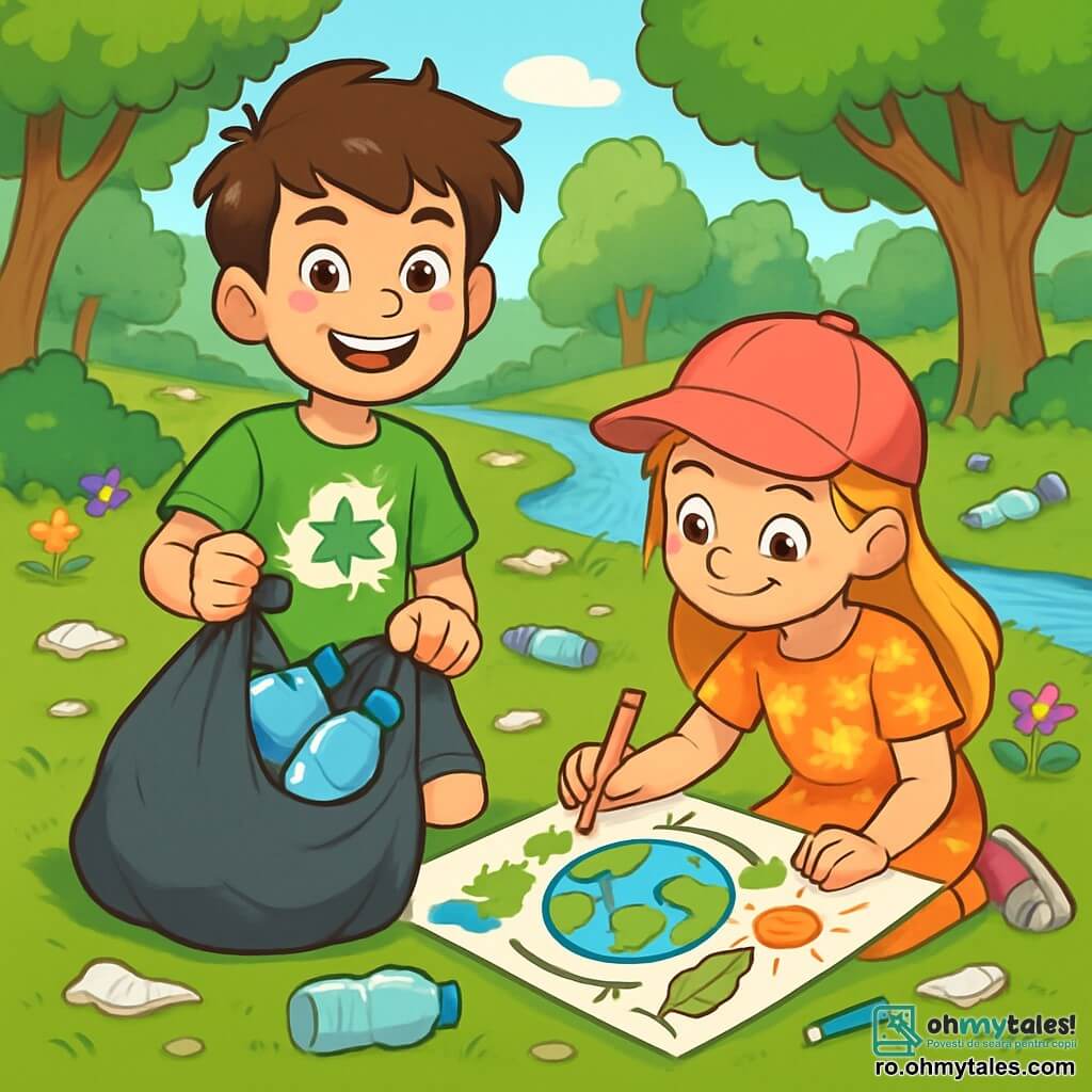 Un băiat de 12 ani, Andrei, cu părul brun zbârlit și ochii strălucind de determinare, zâmbește fericit în timp ce ține un sac de gunoi plin cu sticle de plastic. Poartă un tricou verde aprins cu un logo de reciclare și o pereche de pantaloni scurți din denim. Lângă el, o fetiță de 11 ani, Maria, cu părul lung și blond, desenează un poster mare și colorat despre protecția mediului, așezată pe iarbă. Ea poartă o șapcă roz și o rochie cu flori. În fundal, un parc verde, cu copaci măreți, flori strălucitoare și un mic pârâu sclipitor, este plin de gunoaie, dar începe să-și recâștige frumusețea datorită muncii lor. Scena îi arată pe Andrei și Maria în acțiune, zâmbind și motivați, în timp ce strâng gunoaie pentru a face parcul mai curat și mai primitor.