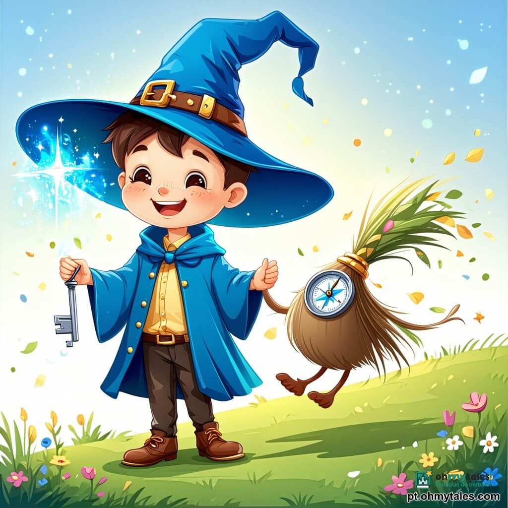 Um garoto jovem, Tomé, de sete anos, é um aprendiz de feiticeiro com um grande chapéu azul que lhe dá um ar travesso. Seus olhos brilham de excitação e seu sorriso é largo, revelando um dente faltando. Ele segura um compasso cintilante em uma mão e uma chave de prata na outra, em pé em uma colina verdejante. Ao seu lado, uma vassoura chamada Pipo, com cílios longos e cinzas douradas, dança alegremente, seus pelos bagunçados flutuando ao vento. O cenário é uma colina ensolarada, salpicada de flores coloridas e nuvens fofas em um céu azul brilhante. Ao fundo, uma torre de pedra, o Relógio das Luas, ergue-se majestosa, adornada com óculos brilhantes e engrenagens cintilantes. A cena mostra Tomé e Pipo se preparando para sua aventura em busca das luas travessas, com estrelas cintilantes começando a aparecer no céu, adicionando um toque mágico à atmosfera.