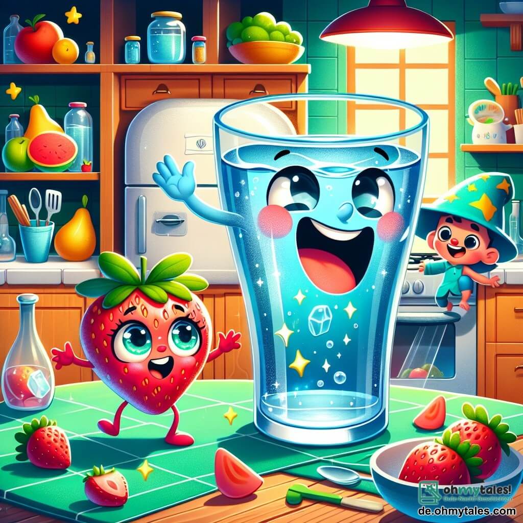 Ein großes Wasserglas mit großen runden Augen und einem breiten Lächeln, voller Energie und Neugier, tanzt fröhlich auf einem bunten Küchentisch, die Arme in die Luft erhoben, als würde es einen glücklichen Moment feiern. Neben ihm springt eine kleine lächelnde Erdbeere mit funkelnden Augen und grünen Blättern begeistert, bereit, ihm bei seiner Suche zu helfen, während ein kleiner Zauberer in einem sternenbesetzten Umhang mit einem schelmischen Blick und einem funkelnden Zauberstab die Szene mit einem verschwörerischen Lächeln beobachtet, bereit, einen Zauber zu wirken. Die Küche ist voller lebendiger Farben, mit glänzendem Besteck, frischen Früchten auf der Theke und einem großen offenen Kühlschrank, der Regale voller Köstlichkeiten zeigt. Die Hauptsituation zeigt das Wasserglas und die Erdbeere, die sich darauf vorbereiten zu tanzen, um einen großen Eisblock zum Lachen zu bringen, der den Zugang zu den Erdbeeren blockiert, was eine amüsante und magische Stimmung schafft.