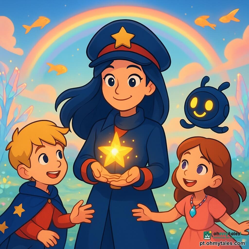 Luna, capitã corajosa de rosto sorridente e cabelos longos azul‑noite, segura delicadamente no centro uma pequena centelha dourada e luminosa enquanto sorri de forma protetora; à direita flutua Lume, um robô companheiro pequeno e redondo com olhos‑lâmpada e sorriso em néon, e à esquerda um menino de ~8 anos de cabelos loiros e capa de estrelas estende a mão maravilhado; uma menina de ~7 anos de olhos lilases, com colar de cristais, segura a mão do menino e dança em círculo; tudo acontece numa clareira de um planeta coberto de nuvens coloridas com árvores de cristal translúcido e solo brilhante como vidro polido com pequenas flores de luz, ao fundo um arco‑íris em túnel e meteoros em forma de peixes dourados; cena de paz e alegria pós‑missão, centelha projeta halos quentes, ambiente caloroso e mágico, paleta viva (dourado, azul‑noite, rosa coral, turquesa), sombras suaves em cel‑shading, texturas lisas e brilhantes, composição centrada com ângulo levemente em plongée.