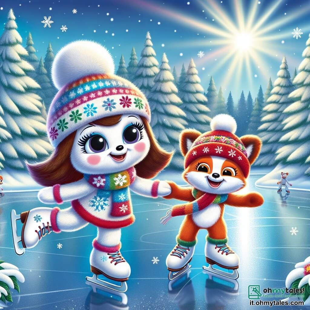 In una foresta invernale magica, una piccola sciarpa di lana di nome Lana, morbida e colorata con motivi di fiocchi di neve, pattina gioiosamente su un lago ghiacciato, il suo viso radioso di felicità ed eccitazione. Accanto a lei, il suo amico cappello Pongo, un cappello rosso vivo, sta facendo delle pirouette sul ghiaccio, mostrando un grande sorriso e occhi scintillanti di gioia. La scena si svolge in una foresta innevata, dove alberi maestosi sono coperti di neve scintillante e fiocchi cadono dolcemente dal cielo azzurro, creando un'atmosfera incantata. Lana e Pongo si divertono a pattinare insieme, scivolando e ridendo, mentre riflessi di luce danzano sulla superficie del lago, rendendo il momento ancora più magico.