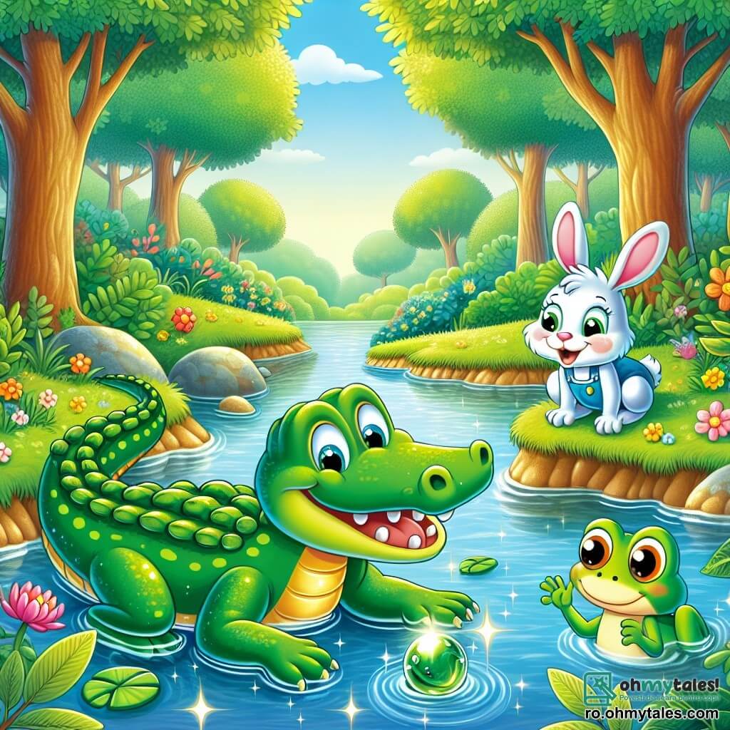 Un crocodil fericit numit Cucu, cu o piele verde strălucitoare și ochi mari și sclipitori, înoată într-un pârâu limpede, căutând amuleta sa prețioasă de sticlă. Lângă el, o broască mică pe nume Maria, cu o piele verde aprinsă și pete galbene, sare pe o frunză, încurajându-l cu un zâmbet prietenos. Un iepuraș adorabil, cu urechi mari și blană albă, stă pe mal, privind cu curiozitate și pregătit să ajute. Decorul este o pădure luxuriantă, cu copaci cu frunze strălucitoare, flori colorate și un pârâu sclipitor sub soare. Cucu, hotărât și puțin îngrijorat, scrutează fundul apei, sperând să-și regăsească amuleta pierdută.