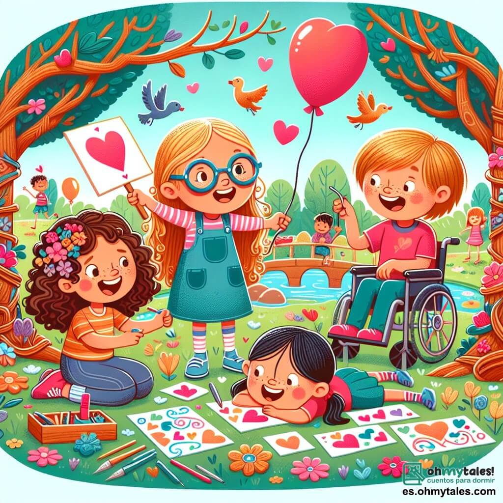 Una niña de 11 años, con largos cabellos castaños y gafas redondas, sonríe alegremente sosteniendo un gran cartel colorido que dice "Búsqueda del Tesoro de San Valentín". A su lado, otra niña de 11 años, con cabello rubio y rizado, ríe agitando una pequeña tarjeta decorada con corazones. Un niño de 12 años, con cabello castaño y pecas, observa con curiosidad un globo rojo que acaba de desatar, mientras una niña en silla de ruedas, con cabello negro y mucha energía, dibuja corazones en una hoja de papel. La escena tiene lugar en un parque soleado, lleno de flores coloridas, grandes árboles y un estanque con patos. Los cuatro amigos están en plena búsqueda del tesoro, riendo y ayudándose para resolver acertijos, rodeados de colores vivos y alegría, simbolizando la amistad y el espíritu del Día de San Valentín.