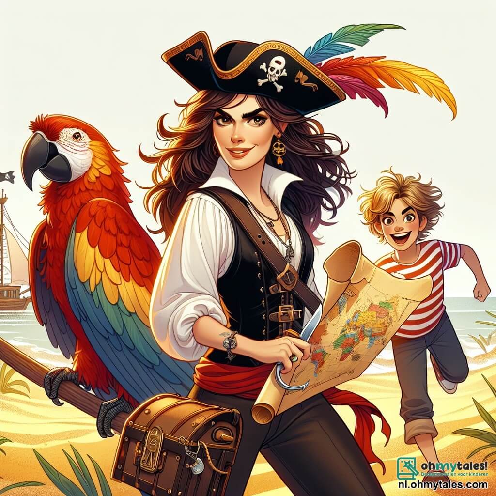 In het midden van de afbeelding staat Kapitein Lila, een dappere vrouwelijke piraat van ongeveer dertig jaar, trots op een gouden zandstrand. Ze draagt een piratenhoed versierd met kleurrijke veren, een wit shirt en een zwarte leren vest, met een vastberaden glimlach op haar gezicht. Haar lange bruine haren wapperen in de wind en ze houdt enthousiast een schatkaart vast. Aan haar rechterkant danst Tom, een 10-jarig jongetje met rommelig blond haar, vrolijk om een grote kleurrijke papegaai af te leiden. Hij draagt een rode bandana en gestreepte broek, met een grote glimlach die zijn ondeugende geest laat zien. Aan de linkerkant kijkt een andere jonge piraat, een 9-jarig meisje genaamd Mia met krullend bruin haar, bewonderend toe. Ze houdt een houten schep vast, klaar om te graven, en draagt een blauwe tuniek met schelpenmotieven. Haar ogen stralen van opwinding terwijl ze wacht om de schat te ontdekken. De achtergrond toont een tropisch eiland met weelderige palmbomen die zachtjes in de bries wiegen en een glinsterende turquoise zee. De lucht is helderblauw met enkele donzige witte wolken. De hoofdscène toont Kapitein Lila en haar jonge piraten die hun plan voorbereiden om de schat te graven die onder een grote palm ligt, terwijl de papegaai, geïntrigeerd, hen nieuwsgierig observeert.