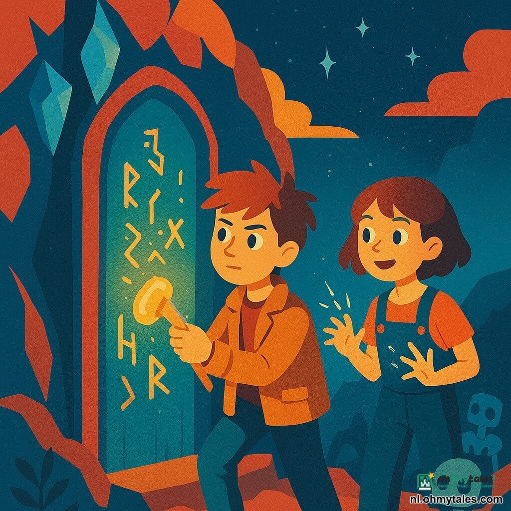 Een 10-jarige jongen, Karel, met warrig haar en nieuwsgierige ogen, staat vastberaden voor een mysterieuze deur versierd met lichtgevende runen. Hij draagt een wollen jas en houdt een vreemd gereedschap vast dat zachtjes gloeit. Naast hem staat een 11-jarig meisje, Nuri, met kort haar en elektrische vonken in haar handen, die enthousiast toekijkt. Ze draagt een monteursoverall en staat iets op de achtergrond, klaar om te helpen. De omgeving is een fantastische klif, de Klif van Aster, waar hangende kristallen fonkelen als sterren in een schemerige hemel. De hoofdscène toont Karel die een lichtgevende belofte in de steen graveert, terwijl Schakelaarbeesten, mechanische wezens met knoopogen, nieuwsgierig vanuit de schaduw toekijken.