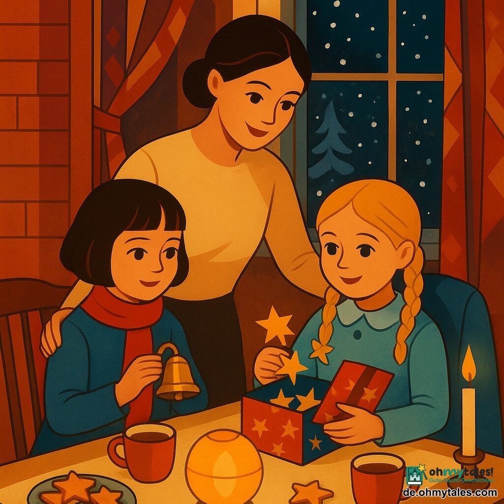 Drei Personen in einer warmen Küche: Lina (ca. 6) mit braunem Bob, rotem Schal und neugierigen Augen sitzt links und hält eine kleine glänzende Metallglocke, Benni (5–6) mit blonden Zöpfen und hellblauem Mantel über der Stuhllehne sitzt rechts und hält eine geöffnete Geschenkbox mit Papiersternen, die Mutter (ca. 30) mit zusammengebundenen kastanienbraunen Haaren und cremefarbenem Pullover steht hinter ihnen, eine Hand auf Bennies Schulter und lächelt sanft; helle Holztafel in der Mitte mit beigefarbenem Tuch, papierene Laterne mit gelb-orangem Schein, Kakaotassen mit Sahne und sternförmigen Keksen, gefrostetes Fenster mit Schneeflocken, art-déco-gemusterte Vorhänge, ocker- und ziegelwarme Wände; Szene kurz vor Mitternacht, die Mädchen bereit, die Glocke zu läuten und die Überraschungsbox zu öffnen, Kerzenflammen werfen goldene Reflexe, intime festliche Stimmung, klare Bildwirkung und flächige Farben in Rot, Blau und Gold.