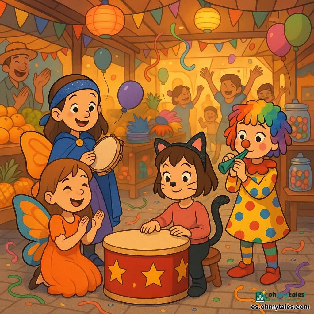 Hay cuatro niñas de 8 años: Zoe, pelo corto castaño, disfrazada de gato con orejas y bigotes brillantes, sentada a la derecha del gran tambor rojo con estrellas golpeando suavemente; Lúa, con vestido naranja tipo mariposa y alas, de pie a la izquierda aplaudiendo y sonriendo; Mina, princesa-pirata con parche brillante y capa azul, detrás a la izquierda sosteniendo una pandereta y tirada por un pequeño globo; Carla, payasa con mechones de lana de colores y vestido de lunares, detrás a la derecha soplando una flauta y mirando con picardía; en un mercado de carnaval cubierto con puestos de madera, guirnaldas, farolillos, confeti y cintas, el gran tambor suena claro mientras comerciantes y niños bailan y ríen con luz cálida de tarde.