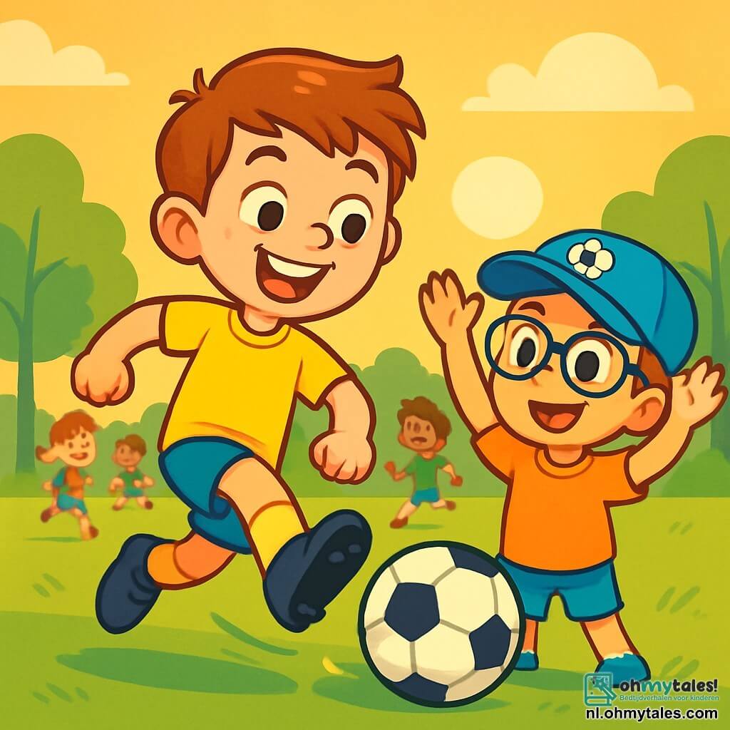 Een jonge jongen genaamd Finn, ongeveer 10 jaar oud, staat centraal in de afbeelding. Hij draagt een felgele voetbalshirt en zwarte sportschoenen. Zijn gezicht straalt vreugde en vastberadenheid uit, met een grote glimlach en sprankelende ogen. Hij is bezig een voetbal krachtig te trappen, met zijn voet omhoog, klaar om een doelpunt te scoren. Naast hem staat Sam, een 9-jarige jongen, die een grote bril en een blauwe pet met een voetbalmotief draagt. Hij kijkt Finn bewonderend aan, met zijn armen omhoog als aanmoediging, en lijkt ook klaar om de bal te trappen. De achtergrond toont een uitgestrekt groen voetbalveld, verlicht door het gouden licht van de ondergang. Op de achtergrond lachen en spelen kinderen, terwijl bomen het veld omringen, wat een vleugje natuur aan deze blije scène toevoegt. De hoofdactie toont Finn in volle actie, enthousiast de bal trappend, terwijl Sam en de andere kinderen hem aanmoedigen, wat een sfeer van kameraadschap en plezier rond het spel creëert.