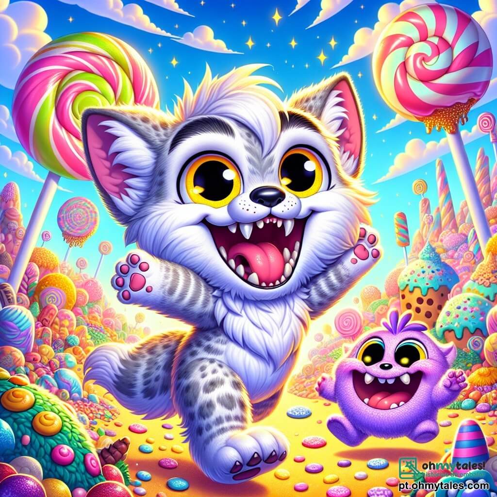 No centro da imagem, um lobisomem alegre, chamado Lulú, é representado com um pelo suave e fofinho, de cor cinza claro com manchas brancas. Seus grandes olhos amarelos brilham de excitação, e ele tem um largo sorriso que mostra seus dentes afiados, mas amigáveis. Lulú está pulando de alegria na praia da Ilha das Doces, cercado por doces gigantes. Ao lado de Lulú, Fluflu, um pequeno monstro roxo, está lá, com seu corpo redondo e fofinho, suas grandes orelhas e olhos arregalados. Ele segura um bolo colorido nos braços, pronto para compartilhar com seus amigos. Fluflu parece entusiasmado e feliz, com um grande sorriso. Ao fundo, a praia da Ilha das Doces está cheia de paisagens açucaradas: árvores em forma de pirulitos, montanhas de bolos e rios de chocolate que brilham sob o sol. Nuvens em forma de algodão doce flutuam no céu azul. A cena principal mostra Lulú e Fluflu organizando uma grande festa, cercados por criaturas encantadas, com confetes coloridos voando no ar. Eles estão prontos para celebrar a amizade e a alegria, com risadas e música ressoando ao redor deles.