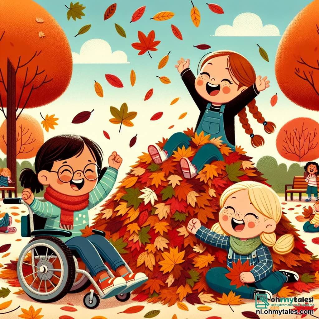 In een herfstpark spelen drie meisjes in een grote stapel gekleurde bladeren. Sara, een 8-jarig meisje met bruin haar en een bril, zit in haar mooie rolstoel en rijdt glimlachend naar de bladeren. Naast haar springt Mia, een 7-jarig meisje met blonde vlechten, vrolijk in de bladeren met haar armen in de lucht. Lotte, een 6-jarig meisje met rood haar en sproeten, zit op de grond en verzamelt bladeren om ze in de lucht te gooien. Het park is vol bomen met rode, gele en bruine bladeren, en de grond is bedekt met een tapijt van bladeren. De lucht is blauw met enkele witte wolken, en de zon schijnt zachtjes en verlicht de scène. De meisjes lachen en hebben plezier terwijl ze in de bladeren spelen, wat een vrolijke en warme herfststemming creëert.