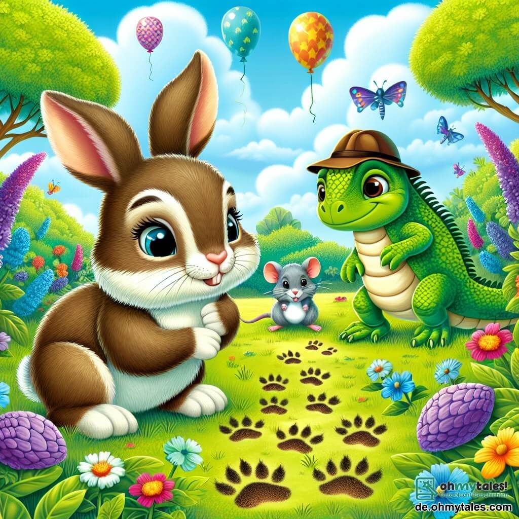 Ein niedlicher kleiner Hase mit großen Ohren und weichem, braunem Fell, dessen neugierige Augen funkeln, steht im Mittelpunkt des Bildes und schnüffelt an Pfotenabdrücken im Gras. Rechts von ihm beobachtet eine kleine graue Maus mit einem schelmischen Lächeln und einem Detektivhut aufmerksam die Spuren, ihre Augen strahlen vor Aufregung. Links von ihm schaut ein fröhliches Iguana mit stacheligem Rücken und leuchtend grünen Schuppen umher, bereit zu helfen, mit einem entschlossenen Gesichtsausdruck. Die Szenerie ist ein bunter Garten, gefüllt mit strahlenden Blumen, großen Bäumen mit grünen Blättern und einem hellblauen Himmel, der von flauschigen weißen Wolken durchzogen ist. Im Hintergrund schweben bunte Ballons in der Luft und kündigen eine fröhliche Feier an. Die Hauptsituation zeigt den kleinen Hasen und seine Freunde bei einer Untersuchung, während sie geheimnisvolle Abdrücke im Gras betrachten und versuchen, das Rätsel der verlorenen Karotten zu lösen, umgeben von einer Atmosphäre von Abenteuer und Kameradschaft.