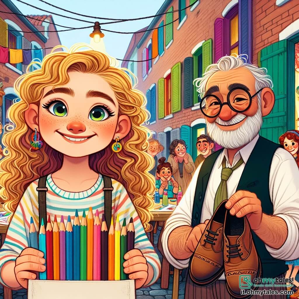 Una ragazza di 12 anni, Sofia, con capelli ricci e dorati e occhi pieni di curiosità, si trova al centro dell'immagine, con un grande sorriso sul volto e delle matite colorate in mano. Accanto a lei, un uomo anziano, il signor Bruno, di circa 60 anni, con barba grigia e occhiali rotondi, sorride calorosamente mentre tiene un paio di scarpe riparate, osservando Sofia con orgoglio. Lo sfondo è un vecchio edificio che ospita una nuova mensa comunitaria, con muri di mattoni rossi, finestre con persiane colorate e tavoli di legno disposti all'esterno, dove persone di tutte le età si riuniscono gioiosamente. La scena mostra Sofia mentre presenta i suoi disegni colorati appesi a un filo, circondata da bambini e adulti che ammirano il suo lavoro, creando un'atmosfera calorosa e solidale, piena di risate e sorrisi.