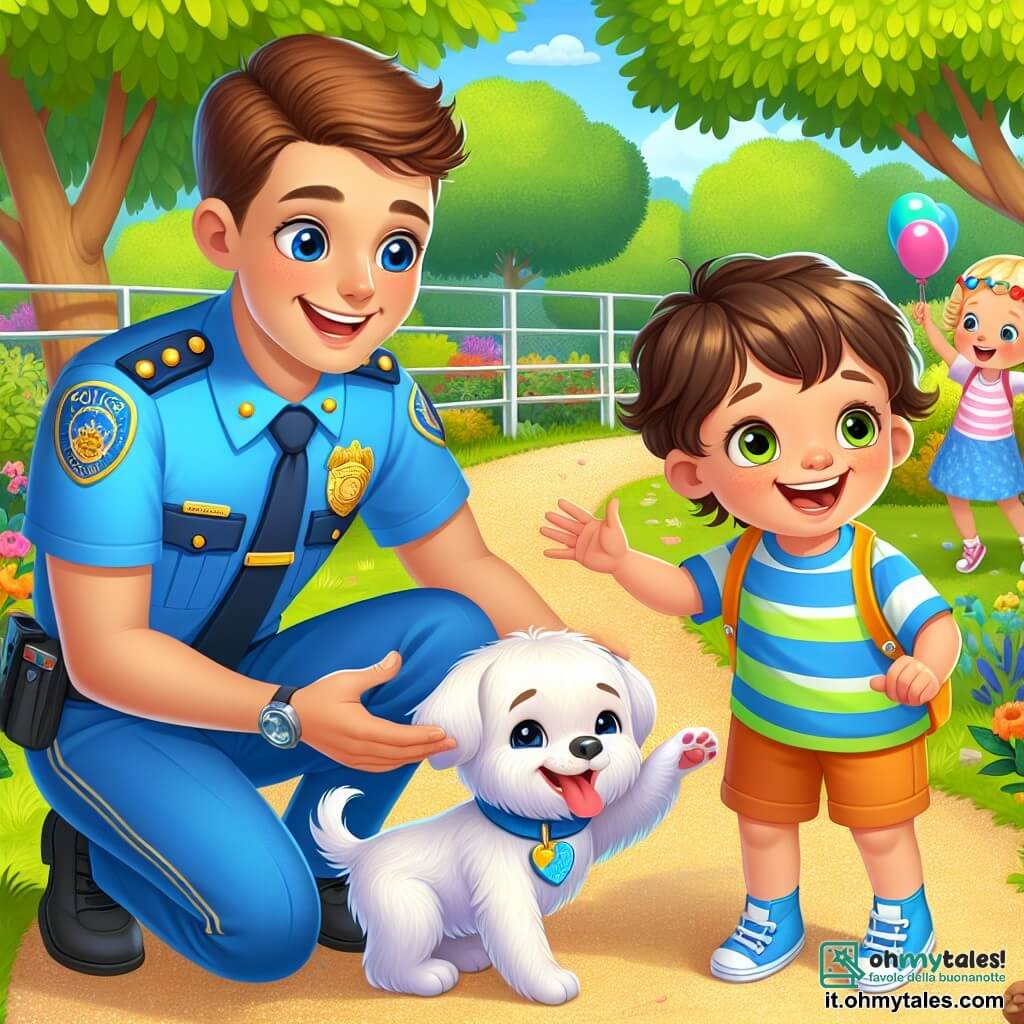 Un poliziotto sorridente e benevolo indossa una divisa blu brillante con un distintivo lucente sul petto. Ha i capelli castani e corti, e i suoi occhi brillano di gioia mentre si accovaccia per accarezzare un piccolo cane bianco dal pelo setoso, che scodinzola con entusiasmo. Accanto a lui c'è un ragazzo di 8 anni di nome Luca, con i capelli castani e una maglietta rossa, che guarda il poliziotto con ammirazione, gli occhi spalancati, mentre tiene un pallone colorato. Sofia, una ragazza di 7 anni con i capelli biondi intrecciati, si trova un po' più lontano, sorridendo con le guance rosa, mentre indica il cane con eccitazione. La scena si svolge in un parco verde, pieno di alberi con foglie brillanti e fiori colorati. Un sentiero di ghiaia si snoda attraverso il parco, e dei bambini giocano sullo sfondo, creando un'atmosfera gioiosa. La situazione principale mostra il poliziotto e i bambini uniti nella missione di ritrovare il piccolo cane smarrito, creando un momento di amicizia e felicità condivisa.