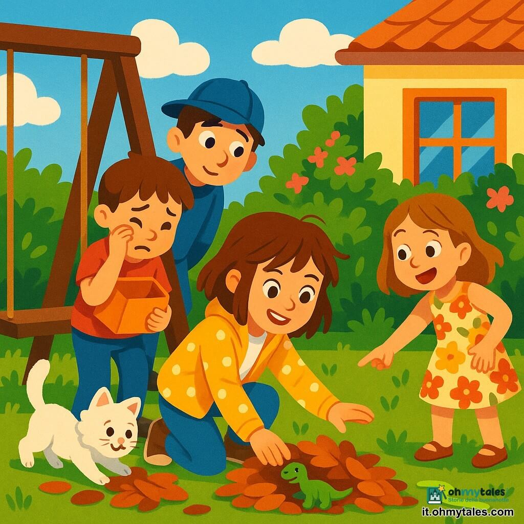 Sofia, 10 anni, sorridente e concentrata, capelli castani spettinati, giacca gialla a pois bianchi, accucciata mentre tira fuori un piccolo dinosauro verde dalle foglie; Marco, 5–6 anni, occhi lucidi ma sollevato, capelli castani corti, maglietta rossa, a sinistra con una scatola di giocattoli vuota stretta al petto; Tommaso, ~9 anni, curioso, cappellino blu e jeans, si china dietro l'altalena osservando; Lisa, ~9 anni, gioiosa, vestito a fiori, indica una pista di plastilina verde a destra; un gattino bianco peloso spunta dalle foglie vicino all'altalena con la coda alta. Giardino soleggiato con erba verde, cespugli fioriti, altalena di legno a sinistra, casa con finestra colorata sullo sfondo e cielo azzurro con qualche nuvola. Situazione: scoperta del dinosauro verde nascosto sotto un cumulo di foglie bruno-ocre; bambini raccolti, espressioni di sorpresa e sollievo, tracce di plastilina verde che conducono al cumulo. Stile: forme semplici e morbide, colori saturi, contorni netti, texture piatte, illuminazione luminosa e allegra.