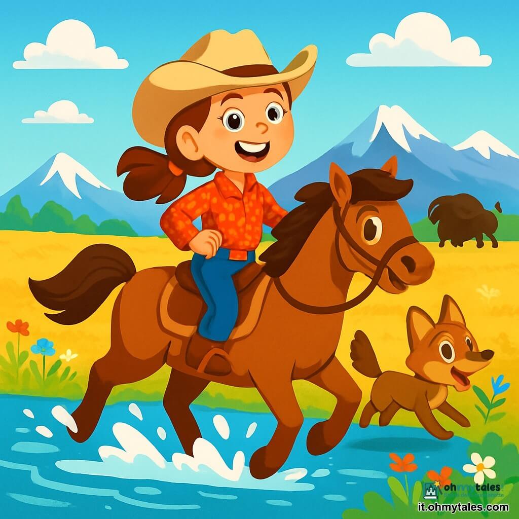 Una cow-girl intraprendente, Livia, è seduta sul suo cavallo marrone di nome Biscotto, con un grande sorriso sul volto. Indossa un cappello da cowboy beige, una camicia a quadri rossa e jeans di denim, e guarda con determinazione verso l'orizzonte. Accanto a lei, un piccolo coyote curioso, dagli occhi vivaci e dal pelo marrone, trottola allegramente, sembrando entusiasta per l'avventura. Lo sfondo è una vasta prateria dorata, punteggiata di fiori selvatici colorati, sotto un cielo blu brillante con alcune nuvole bianche e soffici. In lontananza, maestose montagne si ergono, con le loro cime innevate che scintillano al sole. La scena rappresenta Livia e Biscotto che attraversano il fiume, con schizzi d'acqua intorno a loro, mentre un bufalo spaventato fugge nell'erba alta, aggiungendo un tocco di eccitazione all'avventura.