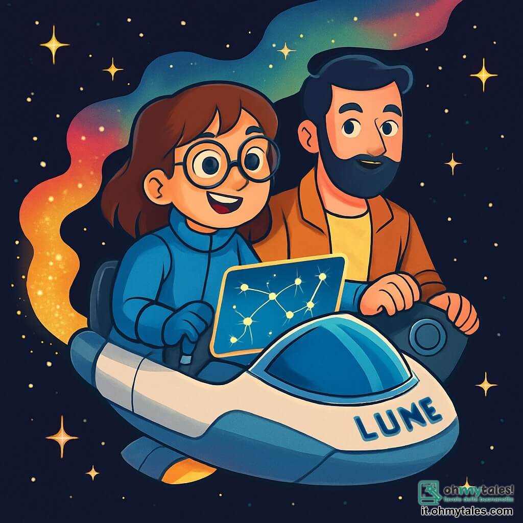 Una giovane donna, Lia, è al centro dell'immagine, con capelli castani e occhiali tondi. Indossa una tuta spaziale blu e un sorriso determinato, che esprime la sua curiosità e il suo entusiasmo. Sta pilotando la sua piccola navetta spaziale, la Lume, con uno schermo davanti a lei che mostra carte stellari brillanti. Accanto a lei, Ivo, un uomo calmo di circa 30 anni, con capelli neri e barba curata, osserva attentamente gli strumenti di navigazione. Indossa una giacca leggera e appare sereno, pronto a sostenere Lia nella sua avventura. Sullo sfondo, il vasto spazio nero è punteggiato di stelle scintillanti e una nebulosa colorata si dispiega come un quadro vivente. La navetta fluttua in un corridoio di polvere luminosa, creando un contrasto magico con il vuoto dello spazio. La scena principale mostra Lia e Ivo in esplorazione, navigando con cautela attraverso un settore misterioso non segnalato, dove la polvere spaziale brilla come diamanti, mentre cercano una rotta chiara e sicura per il loro convoglio.