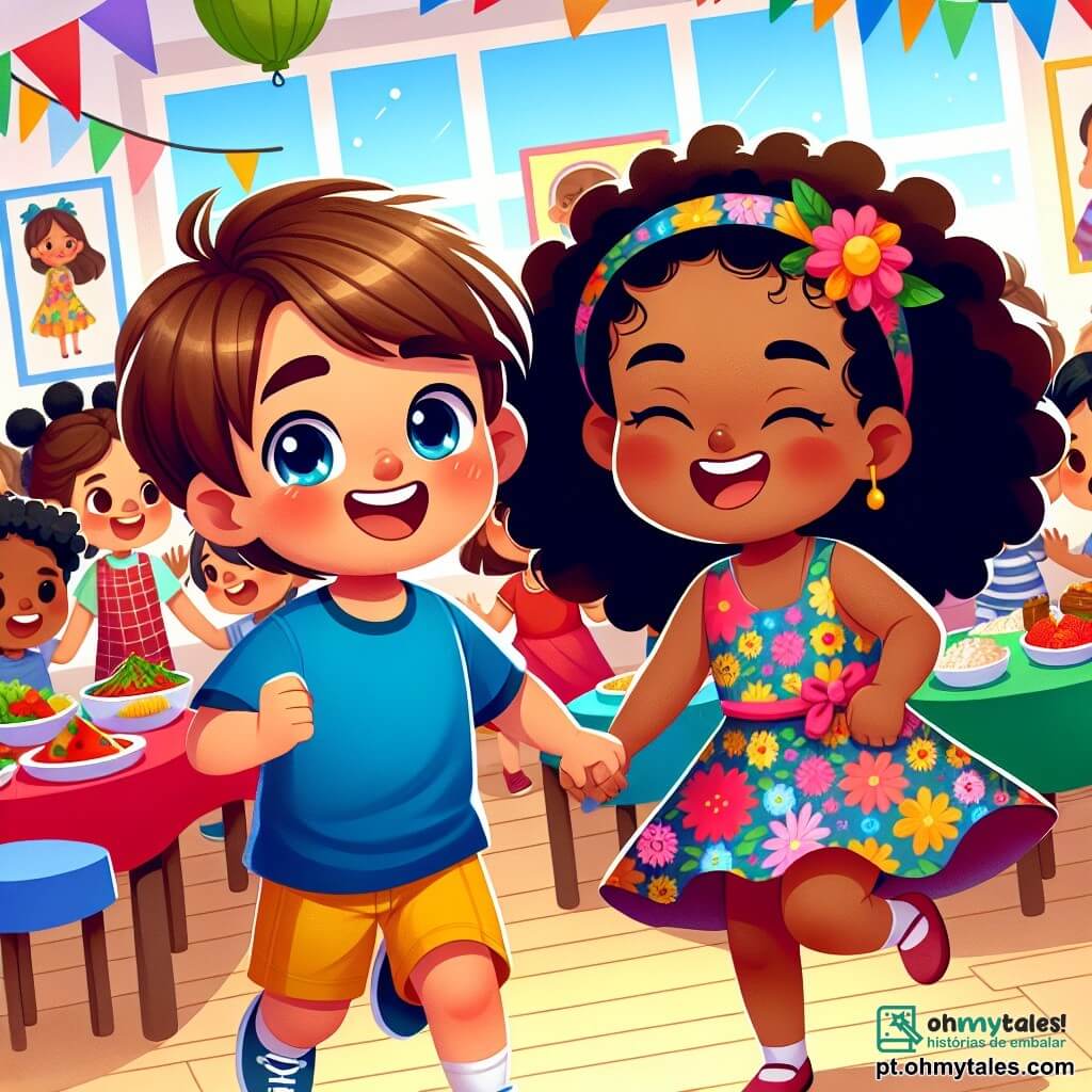 Um menino de 6 anos, Lucas, com cabelos castanhos e olhos brilhantes, sorri alegremente enquanto dança no meio de um grupo de crianças. Ele usa uma camiseta azul e um short amarelo, parecendo muito feliz por compartilhar um momento com seus amigos. Ao seu lado, Aisha, uma menina de 6 anos com cabelos negros cacheados e pele caramelo, ri enquanto dança, vestida com um vestido colorido de estampas florais. O cenário é uma sala de aula iluminada, cheia de decorações coloridas e desenhos de crianças nas paredes. Ao fundo, mesas estão carregadas de pratos variados representando diferentes culturas, criando uma atmosfera festiva e acolhedora. A cena principal mostra Lucas e Aisha dançando juntos, cercados por seus colegas, celebrando a diversidade através da dança e da comida, com sorrisos radiantes em todos os rostos.