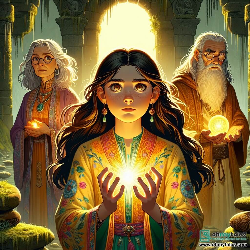 In the center of the image, a determined 12-year-old girl named Lyra stands confidently. She has long flowing brown hair, eyes shining with wonder, and wears a colorful tunic adorned with magical patterns. Her hands are raised, channeling a bright light from a small orb of magic she holds. Her face shows intense concentration and a glimmer of hope. Next to her, a wise old woman, around 70 years old with silver hair and round glasses, watches proudly. She wears a long dress and ancient jewelry, seemingly ready to assist in Lyra's quest. A 12-year-old boy, Jaxon, with messy brown hair and a fearless look, stands slightly back, holding a glowing technological device, ready to support Lyra in her fight. The setting is the Ruins of Eldara, an ancient magical site. Moss-covered stones and mysterious sculptures rise around them, while golden light filters through cracks in the walls, creating a magical yet eerie atmosphere. The main scene shows Lyra using her power to combat an approaching cloud of darkness, with sparks of light bursting around her, illuminating the ruins and pushing back the darkness.