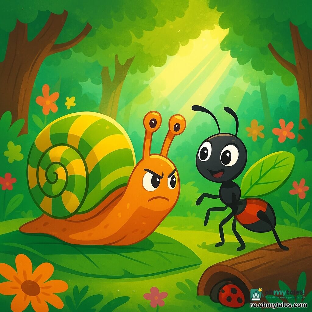 Un melc cu un corp strălucitor și colorat, având o cochilie dungi verzi și galbene, înaintează încet pe o frunză verde, afișând o expresie de determinare și curiozitate. Lângă el, o furnică mică cu un corp negru și roșu, având ochi mari și strălucitori, poartă o frunză pe spate, încurajându-l cu un zâmbet prietenos. În fundal, o pădure fermecată se ridică, cu copaci cu trunchi groși, flori strălucitoare de culori vii și raze de soare filtrându-se prin frunze. Scena arată melcul și furnica uniți în căutarea lor de a ajuta o buburuză prinsă sub un trunchi, creând o atmosferă de prietenie și aventură.