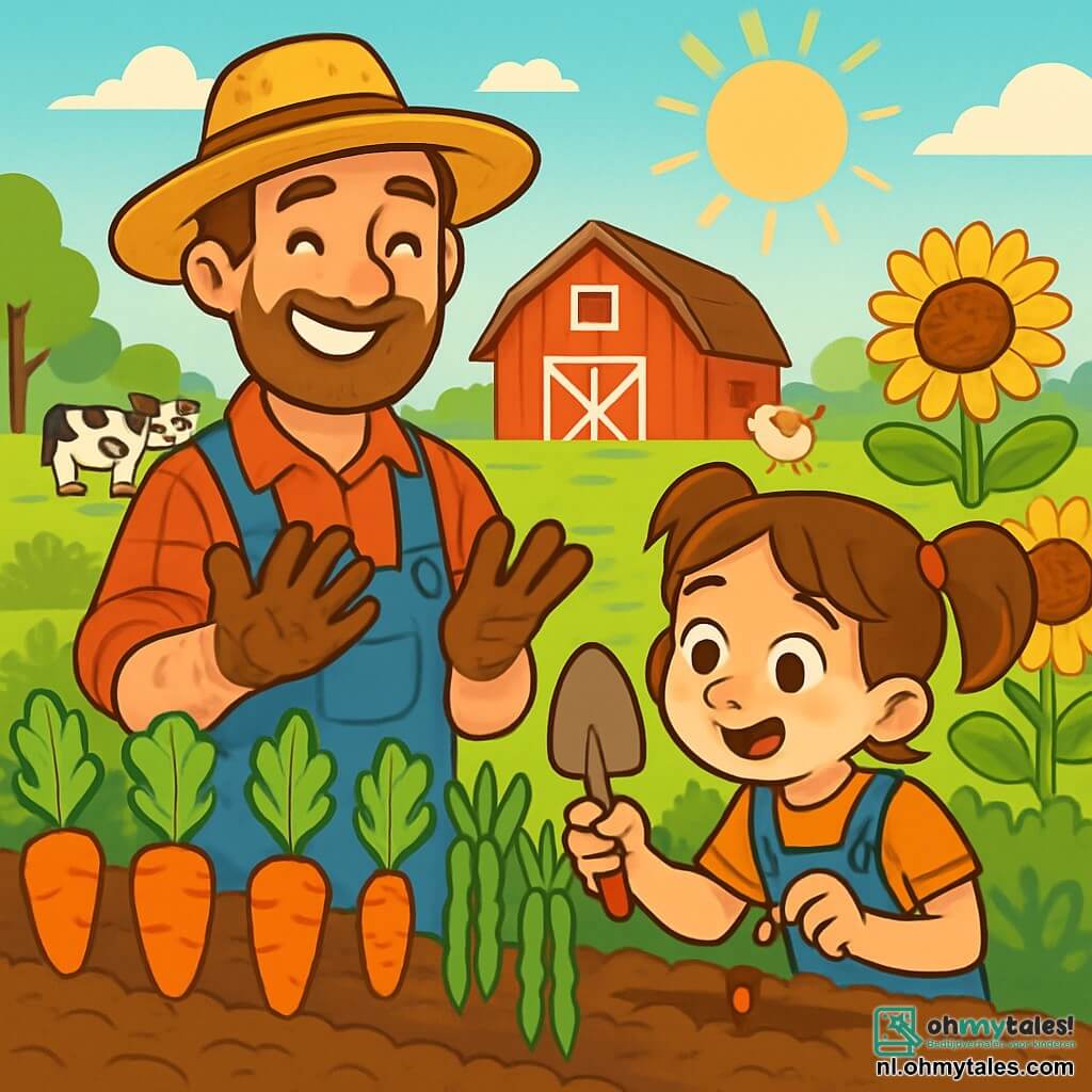 Een man, de boer Bas, staat in het midden van een groene akker, trots glimlachend. Hij draagt een rood geruit shirt en een strohoed, zijn handen zijn bedekt met aarde, wat zijn liefde voor de natuur laat zien. Naast hem staat een negenjarig meisje, Noor, met bruin haar in twee staartjes, die verwonderd kijkt naar de rijen kleurrijke groenten die ze samen hebben geplant. Ze houdt een kleine schep vast en is enthousiast bezig een zaadje te planten. Het veld wordt verlicht door het gouden zonlicht, met rijen oranje wortelen, groene bonen en gele zonnebloemen die zachtjes in de wind wiegen. Op de achtergrond is een rode schuur en zijn er boerderijdieren zoals koeien en kippen, die leven aan de scène toevoegen. De belangrijkste situatie toont Bas en Noor die groenten oogsten, lachend en verhalen delen, omringd door de schoonheid van hun boerderij, wat teamwork en liefde voor de natuur symboliseert.