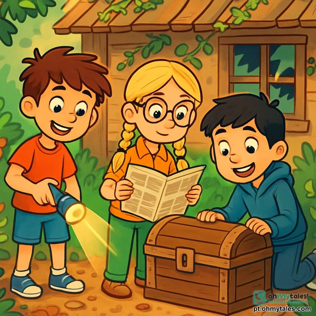 Há 3 personagens: - Miguel: um garoto de 9 anos, com cabelos castanhos bagunçados e olhos brilhando de curiosidade. Ele usa uma camiseta vermelha e um short azul, segurando uma lanterna na mão. - Sofia: uma menina de 9 anos, com óculos redondos e cabelos loiros trançados. Ela veste uma camisa de flores e uma calça verde, lendo um velho jornal com uma expressão concentrada. - Lucas: um garoto de 9 anos, com cabelos pretos e sardas no rosto. Ele usa um moletom azul e um jeans, olhando com entusiasmo para um velho baú de madeira. Os três amigos estão diante de uma cabana antiga, cercada por plantas trepadeiras e flores coloridas, com raios de sol filtrando através das janelas quebradas. O chão está coberto de folhas secas e pequenas pedras, adicionando um toque de mistério à atmosfera. A cena principal mostra as crianças descobrindo um velho baú de madeira, com expressões de admiração em seus rostos, enquanto se preparam para abri-lo e revelar o tesouro escondido dentro.
