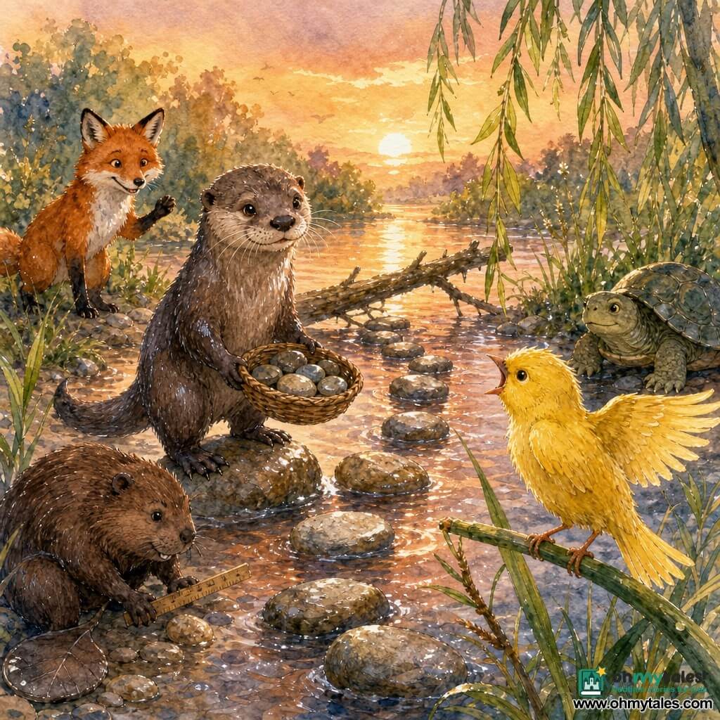 Milo, a jovial otter with soft eyes and fine whiskers, stands on the riverbank with a small basket of smooth stones, glossy wet fur and paws on a wet rock, looking toward Pip, a bright yellow young canary perched on a reed, anxious then reassured with wings half-open; Bramble, a mischievous red fox, watches from the left with a wry smile and a raised paw; Nia the sturdy beaver crouches nearby holding a small wooden ruler, and Tansy the turtle sits calmly on the right bank; at twilight the coppery river shimmers amid reeds and willows with a fallen branch partly bridging the water, as they cooperatively build a stepping-stone path to cross, Milo organizing, Pip watching from above, others placing stones, expressions of relief and quiet joy.