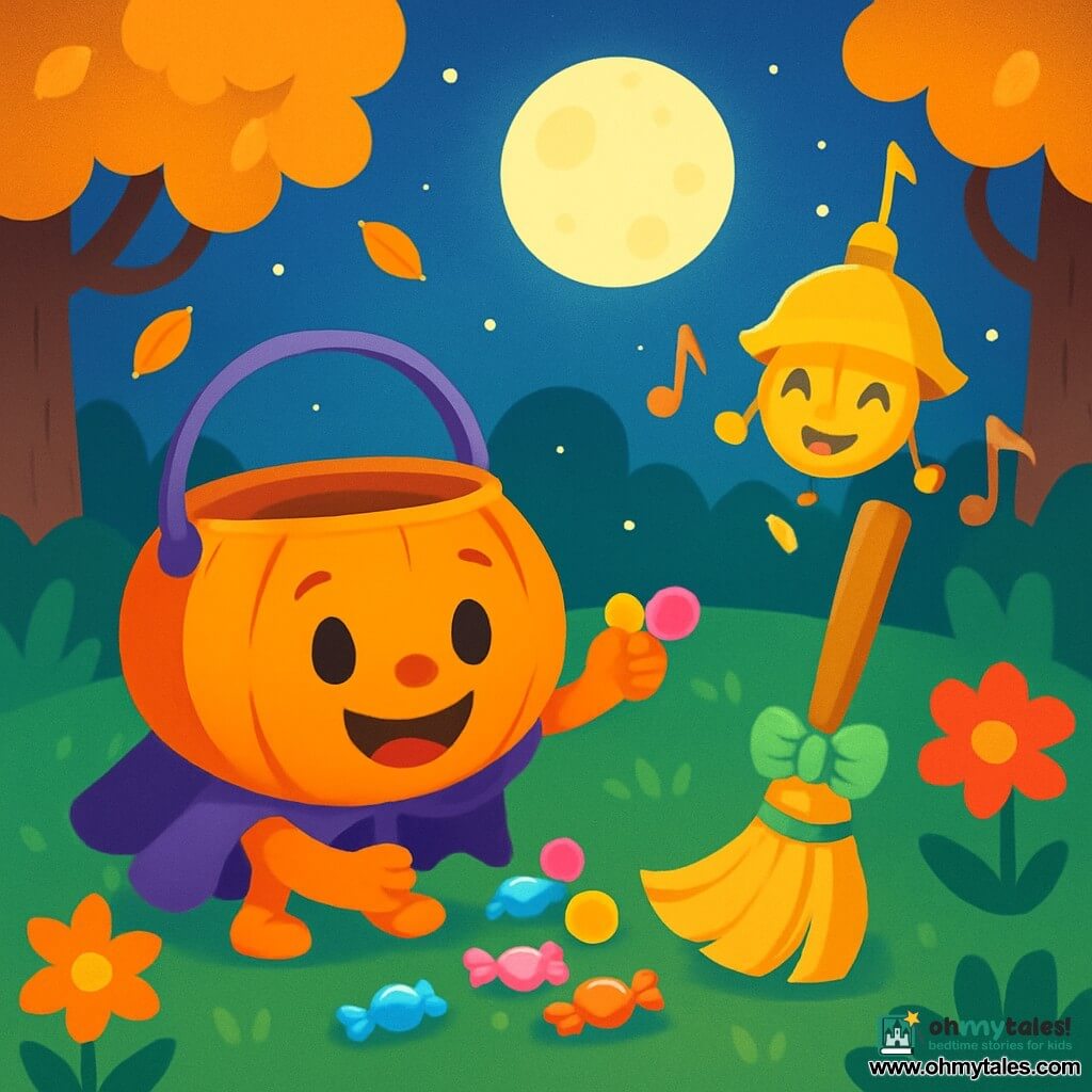 Pip, the round and shiny pumpkin-shaped bucket, wears a small purple cape and has a big joyful smile. He is sharing colorful candies with his friends. Bristle, the little broom, has a green bow and is gently sweeping the path with a focused and friendly expression. Tinka, the wind chime, sparkles with little bells and dances joyfully in the wind, producing sweet and melodic sounds. The scene takes place in a magical garden, lit by the full moon, with golden leaves falling from the trees, brightly colored flowers, and soft shadows dancing on the ground. Pip and his friends gather around a small pile of candies, laughing and sharing treats, creating a warm and friendly atmosphere filled with joy and camaraderie.