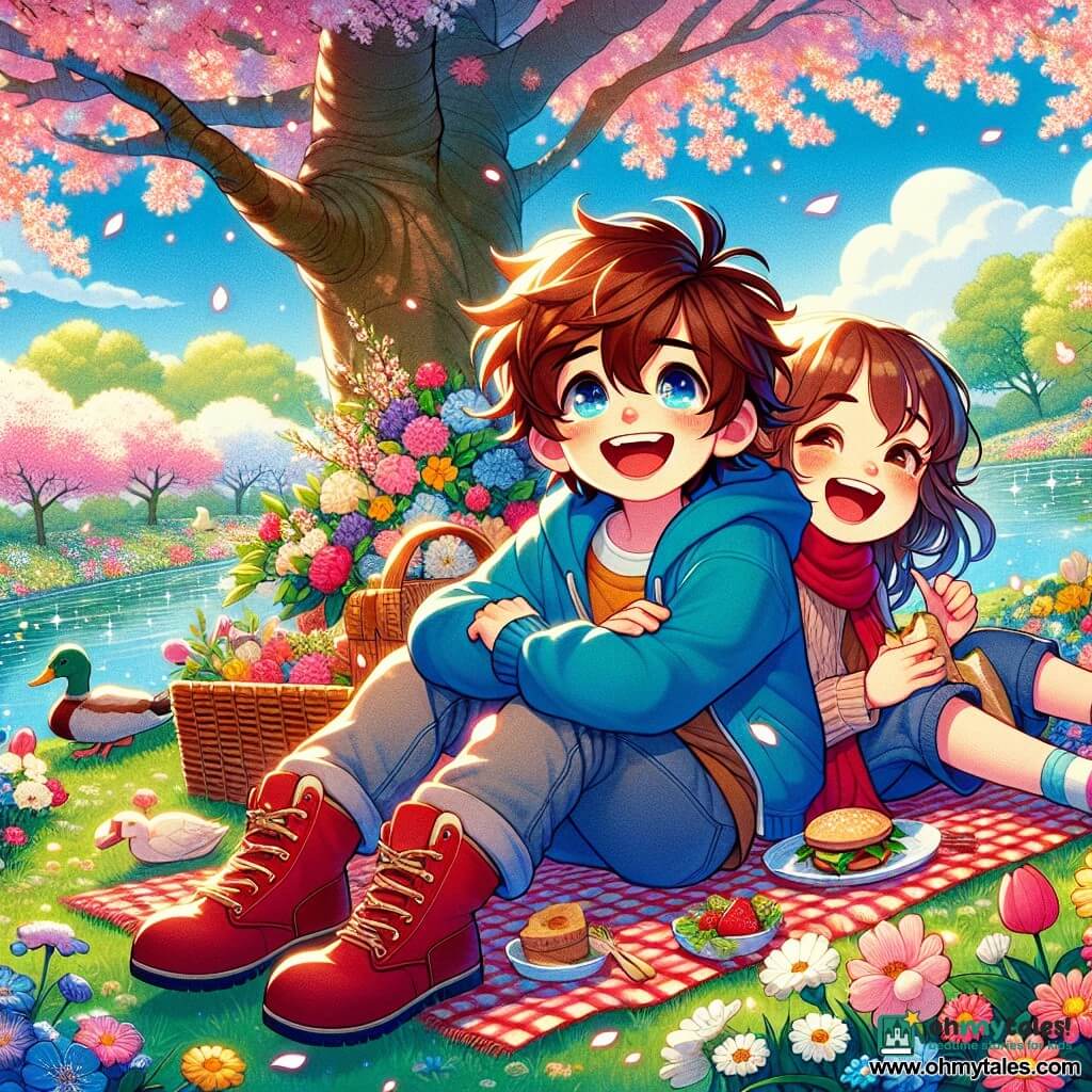 A 10-year-old boy, Sam, with messy brown hair and a bright smile, is sitting on a checkered blanket surrounded by colorful flowers. He wears a blue hoodie and red boots, his eyes sparkling with joy and wonder. Next to him is his best friend Mia, a 10-year-old girl with brown hair in two pigtails, laughing while holding a sandwich in one hand and a notebook in the other, ready to write down their discoveries. Their faces are lit by the spring sun, with a large flowering cherry tree, with pink and white petals, majestically standing behind them, creating a magical atmosphere. The ground is scattered with fallen petals, and the sky is a bright blue with a few fluffy white clouds. Sam and Mia are enjoying a joyful picnic by a sparkling pond, where ducks swim peacefully. They marvel at the wonders of spring, surrounded by the beauty of awakening nature.