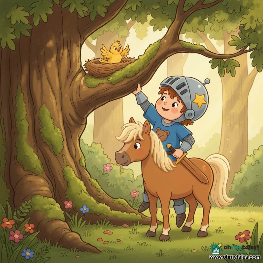 A small, brave six-year-old boy in an oversized shiny silver armor and helmet with a star sticker gently smiles as he reaches to return a fluffy yellow fledgling to its nest; he has round cheeks, brown hair peeking from the helmet, a blue tunic with a bear motif and a wooden sword at his belt; beside him stands a gentle brown pony with a cream mane, head bowed and hooves on the grass; the nest sits in an old oak branch in a sunlit forest clearing with thick green moss and wildflowers, the scene warm, tender and softly contoured.