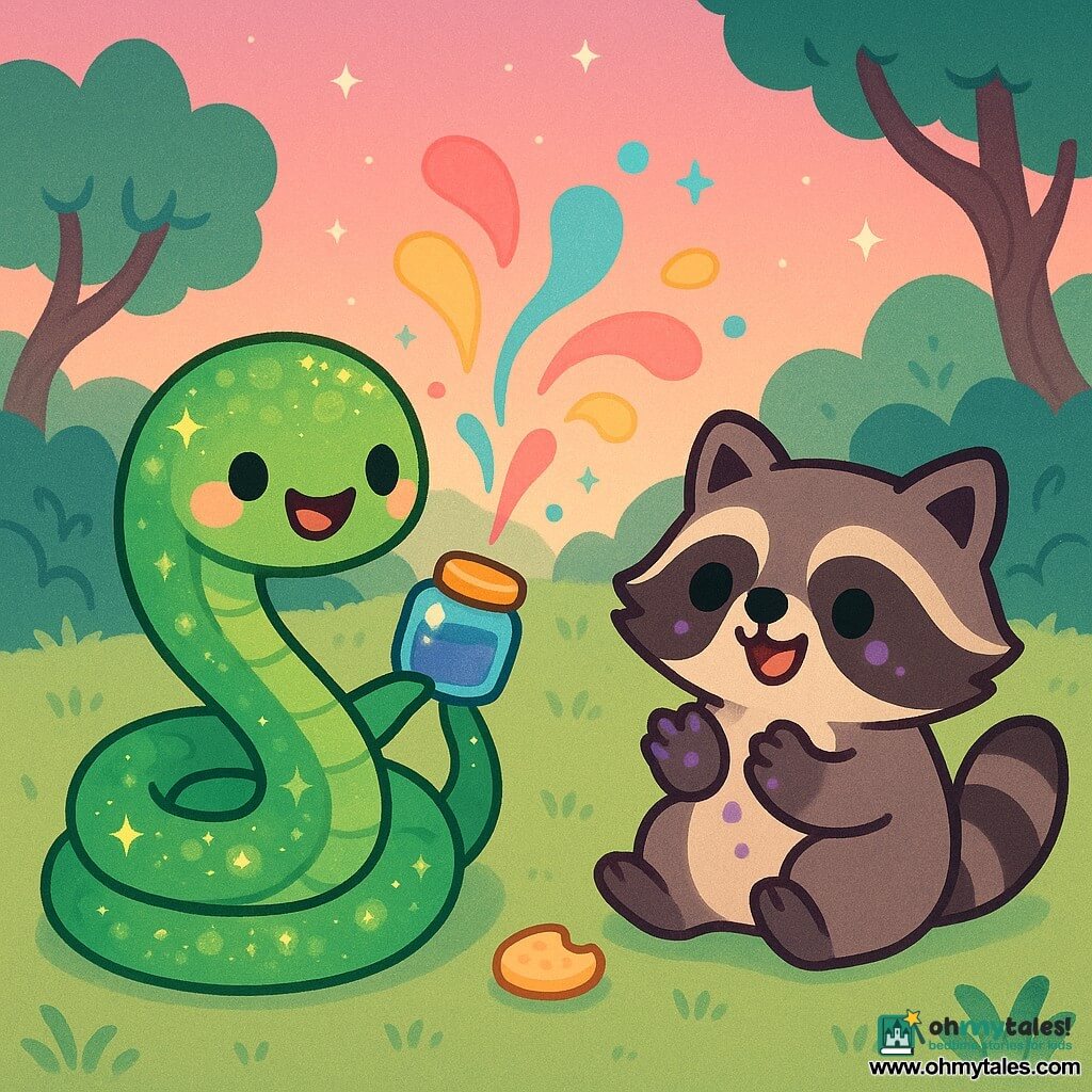 A cheerful, wide-eyed green snake named Slinky with glittering emerald scales, coiled and holding a small blue jar with a gold lid in its tail, releases invisible fireworks that become colorful, puffy sound-waves; beside it sits a plump, mischievous raccoon named Gobble with sticky purple-stained front paws, clapping and watching the dancing sounds with a half-eaten cookie nearby; setting: the grassy Tumblewood clearing at twilight with soft tufts, twisted bushes, curved-tree trunks and a pink-orange sky with first stars; mood: joyful, luminous, soft motion; style: minimalist kawaii, vivid pastel palette, clean outlines, simple textures, highly readable adorable expressions.