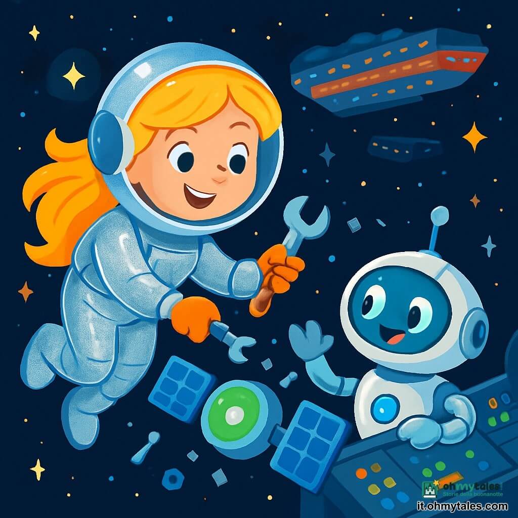 Una giovane donna, Stella, fluttua nello spazio, con capelli biondi brillanti e un sorriso radioso, indossa una tuta spaziale argentata che scintilla sotto le stelle. Sembra determinata e gioiosa, concentrata sulla sua missione. Accanto a lei, il suo assistente robotico Pipp, un piccolo robot dagli occhi luminosi e corpo rotondo, osserva attentamente gli schermi di controllo dell'astronave. Lo sfondo è un vasto spazio nero punteggiato di stelle scintillanti, con un enorme cargo spaziale sullo sfondo, le sue luci lampeggianti creano un'atmosfera futuristica. In primo piano, un piccolo satellite, circondato da detriti, emette una luce verde, segnalando che ha bisogno di aiuto. La scena principale mostra Stella intenta a riparare il satellite, utilizzando strumenti fluttuanti, mentre Pipp la incoraggia con gesti amichevoli. L'intera scena trasmette un'atmosfera di avventura e scoperta, piena di colori vivaci e stelle brillanti.