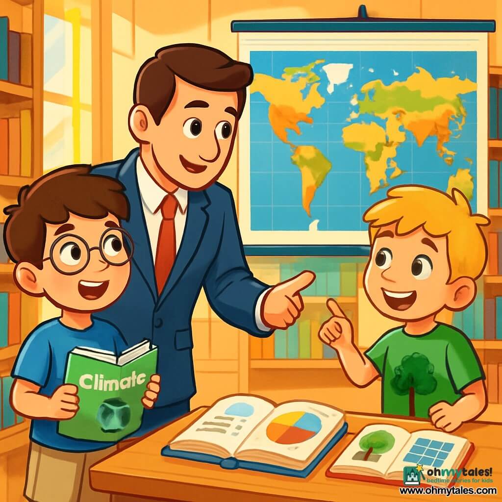 There are two main characters: - Sam: an 8-year-old boy with brown hair and round glasses. He wears a blue t-shirt with a sun design and beige shorts. He stands on the left, his eyes shining with excitement, holding a book about climate. - Ben: an 8-year-old boy with messy blonde hair and a wide smile. He wears a green t-shirt with a tree design and shorts. He is on the right of Sam, pointing at a colorful map on a large board. The main setting is a bright library with large windows letting in sunlight. The walls are filled with wooden shelves loaded with colorful book covers. At the back, there is a large world map on the wall, illustrating the different climates of the planet. The main situation shows Sam and Ben discussing with a man in a suit, a weather technician, who explains climate change to them. They are surrounded by open books and colorful graphs, with illustrations of the Earth, trees, and solar panels, while sunlight filters through the windows, creating a warm and welcoming atmosphere.