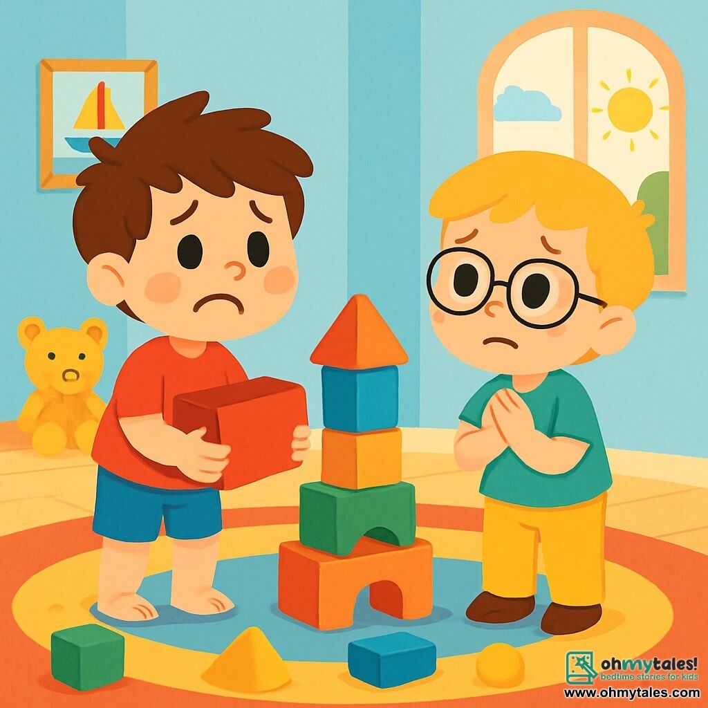 There are 2 main characters: Tom, a 5-year-old boy with messy brown hair and a bright smile, wearing a red t-shirt and blue shorts, standing on the left holding a large red block. Ben, also 5 years old, has blonde hair and round glasses, wearing a green t-shirt and yellow pants, is on the right looking at Tom with hopeful eyes. The main setting is a bright playroom with light blue walls and colorful rugs, toys scattered on the floor, and a large window letting in sunlight, creating a cheerful atmosphere. The main situation shows Tom and Ben building a tall tower with blocks. Tom, holding his red block, looks at Ben, who asks him to share. Both boys express sadness and hope as the block tower begins to take shape, symbolizing their friendship and sharing.
